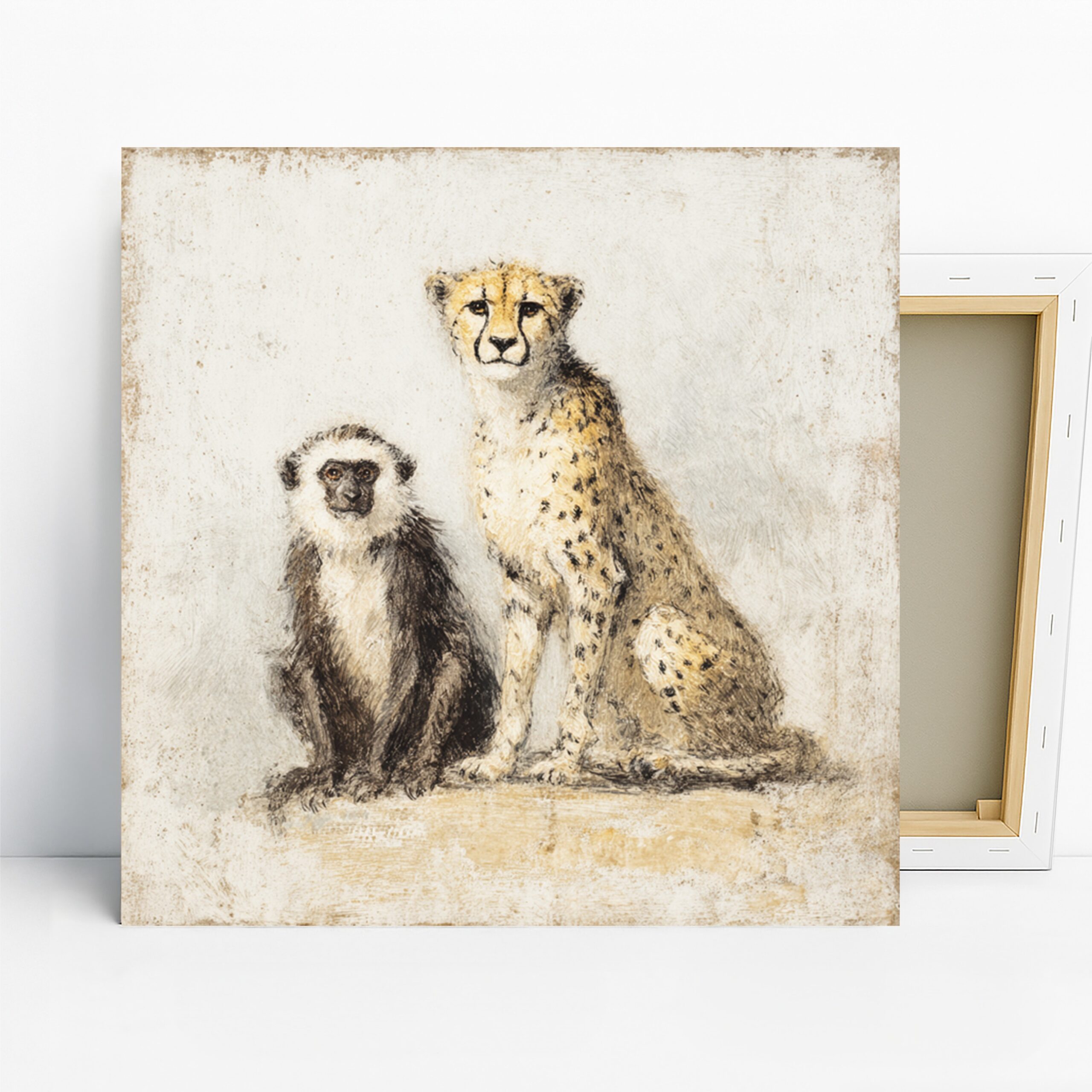 Cheetah and Monkey Friendship Art, Canvas or Poster, Whimsical Safari Decor, Living Room Bedroom Children Room Wall Art, Yellow Brown Black
