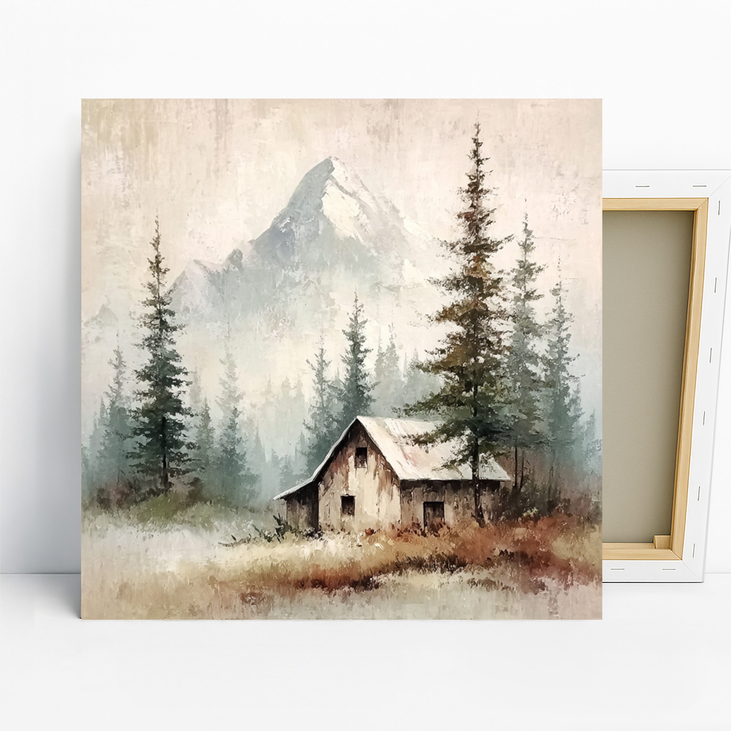 Mountain Cabin Art, Canvas or Poster, Rustic Nature Decor, Living Room Bedroom Home Office Wall Art, Green Brown Grey and White