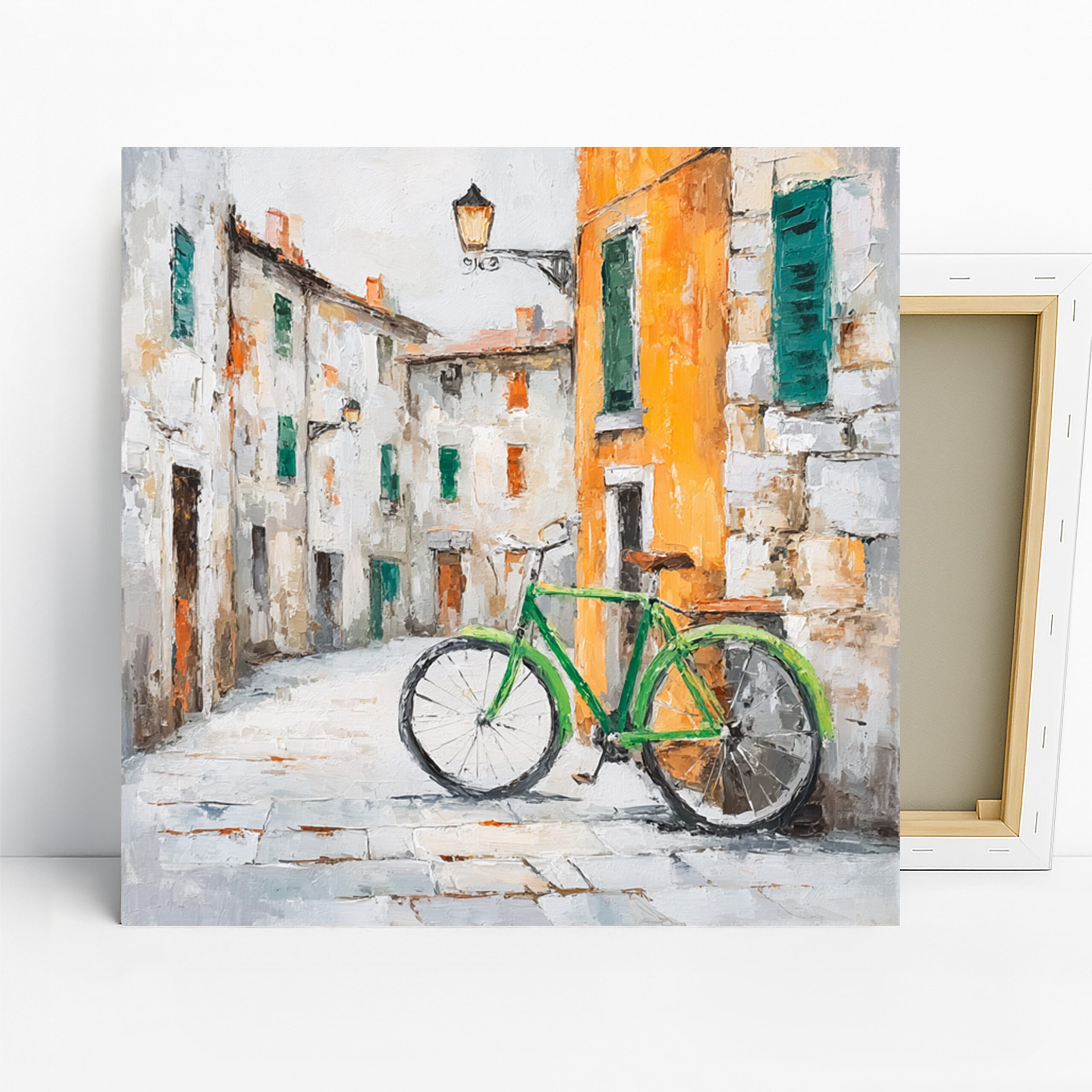 Italian Alley Bicycle Art, Canvas or Poster, Impressionism Rustic Decor, Living Room Dining Room Bedroom Wall Art, Yellow Green Orange White