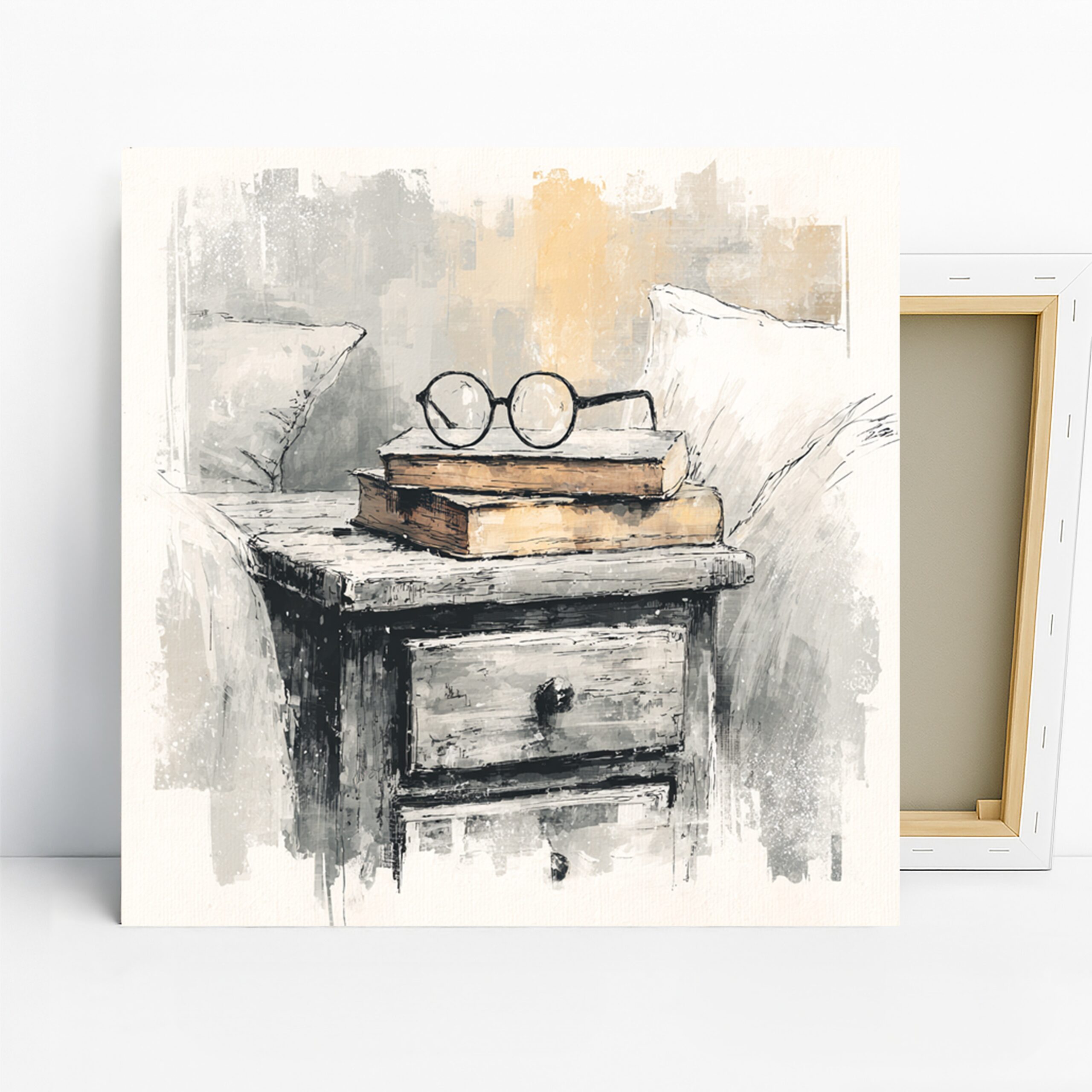 Vintage Reading Nook Art, Canvas or Poster, Still Life Rustic Decor, Office Library Living Room Bedroom Wall Art, Brown Beige Grey White