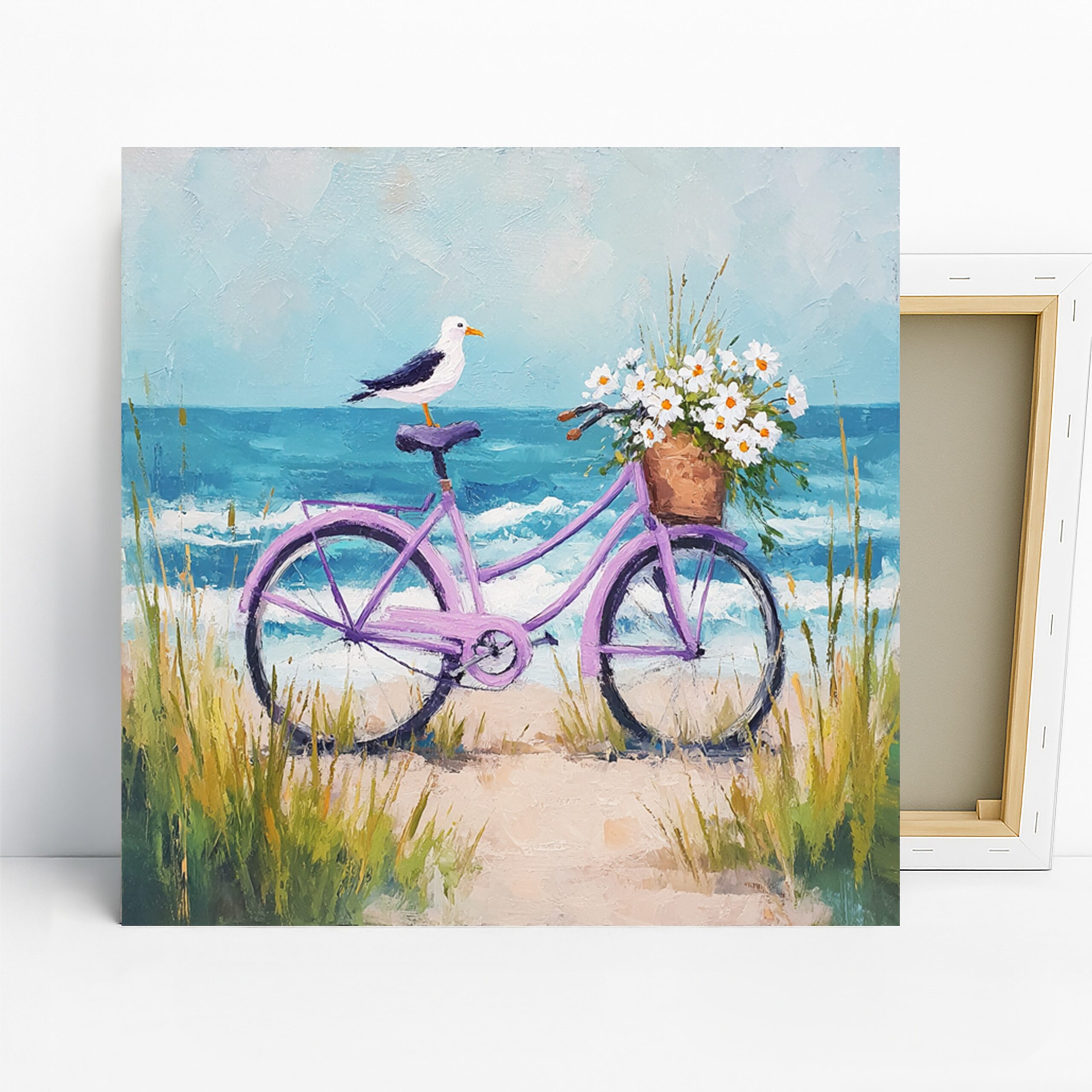 Seagull Art, Canvas or Poster, Whimsical Coastal Decor, Bedroom Living Room Bathroom Sunroom Wall Art, Purple Blue White Green