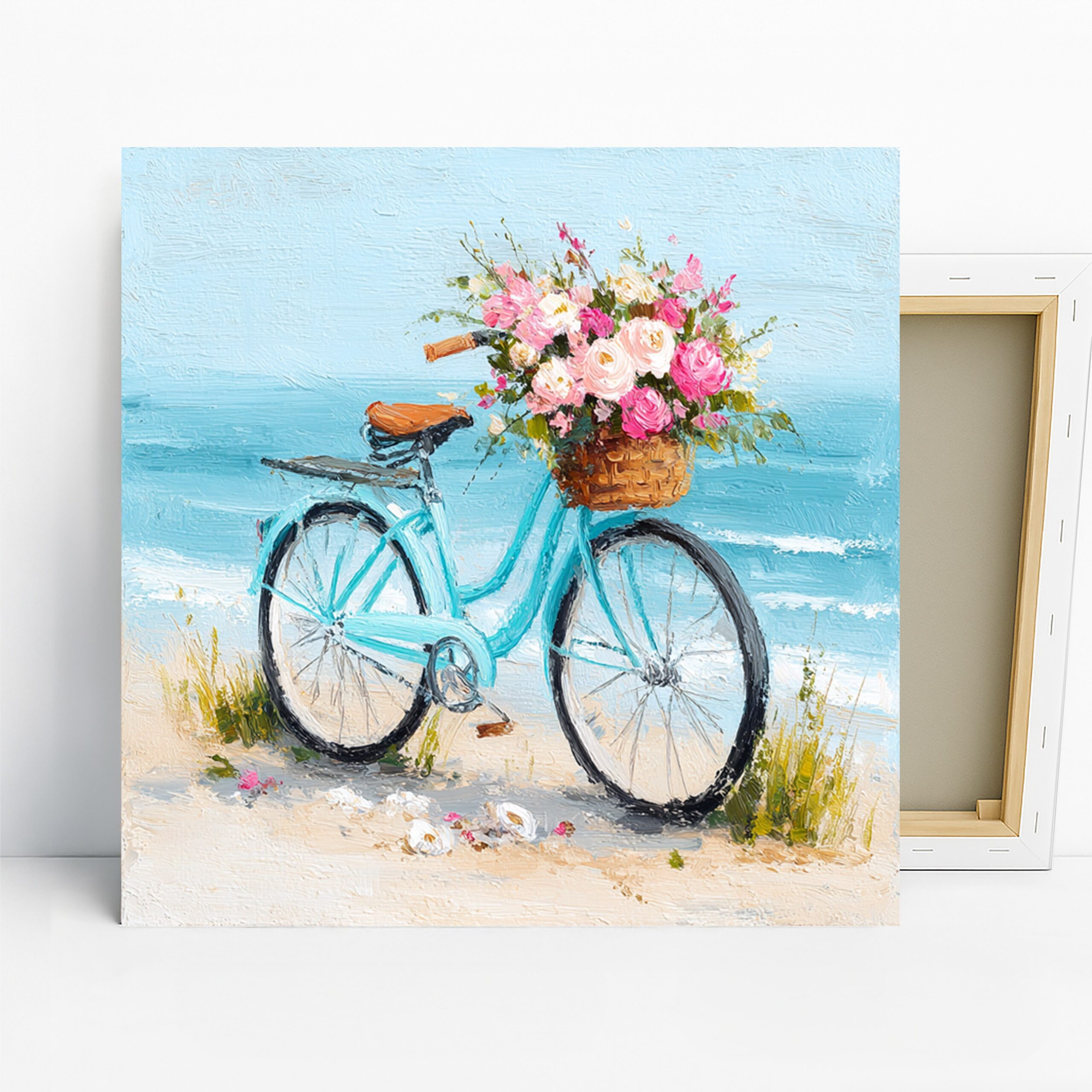 Beach Bicycle Art, Canvas or Poster, Vintage Floral Coastal Decor, Bedroom Living Room Bathroom Wall Art, Blue Pink Turquoise White