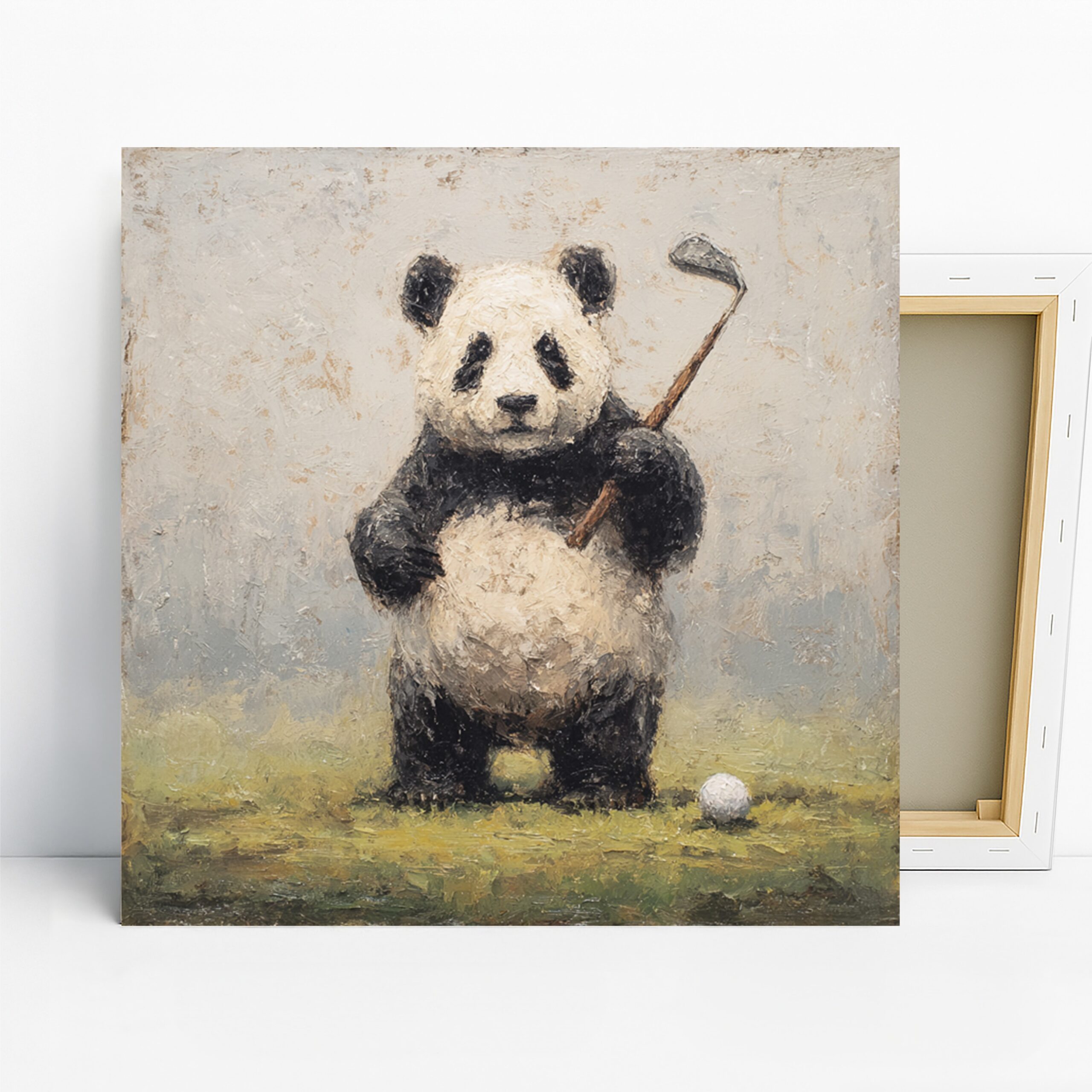 Panda Golf Art, Canvas or Poster, Whimsical Contemporary Decor, Living Room Office Game Room Children’s Wall Art, Black White Green Brown