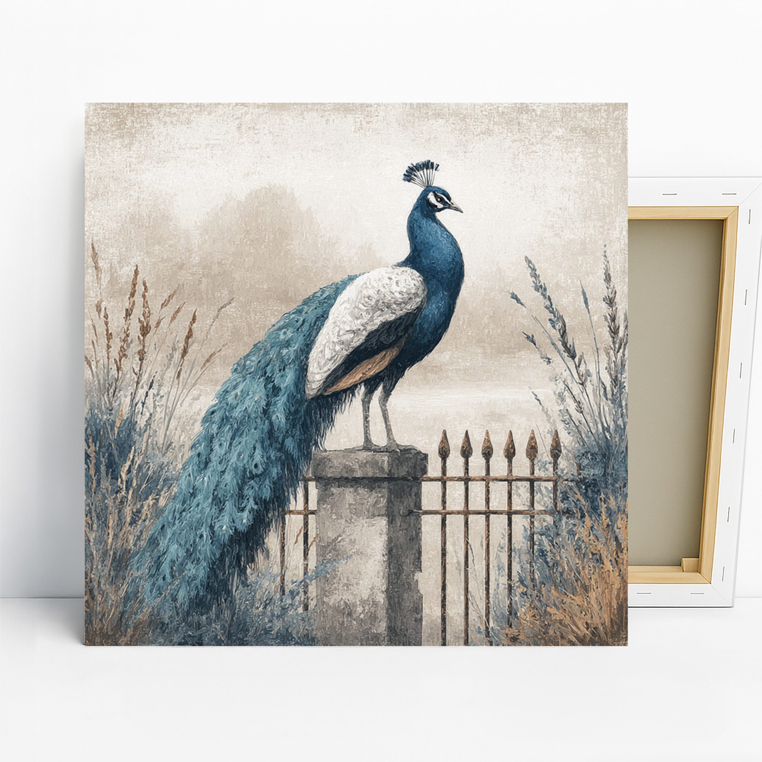 Peacock Art, Canvas or Poster, Nature Rustic Decor, Living Room Bedroom Entryway Wall Art, Blue White Grey and Brown