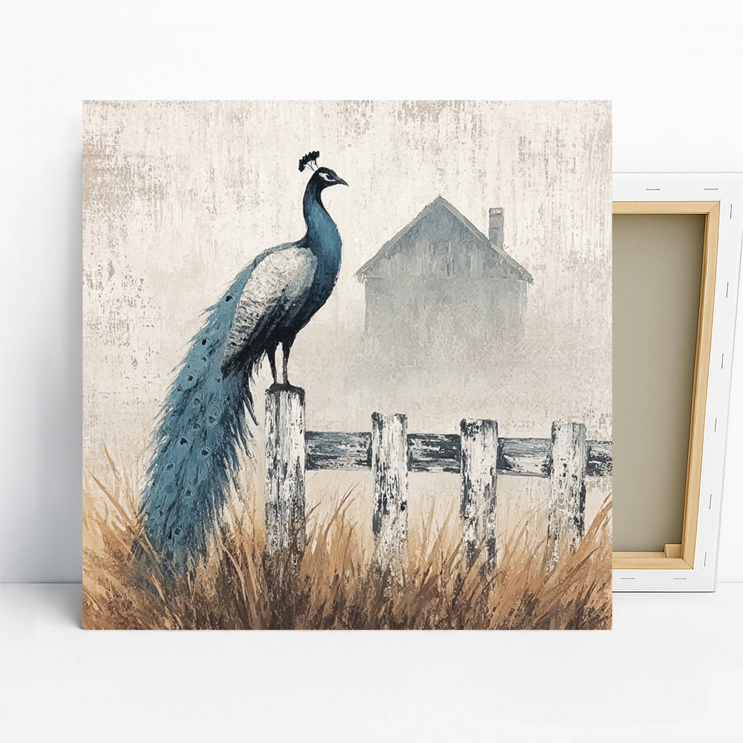 Peacock Art, Canvas or Poster, Nature Vintage Decor, Living Room Bedroom Dining Room Wall Art, Blue White Brown Beige Farmhouse Decor