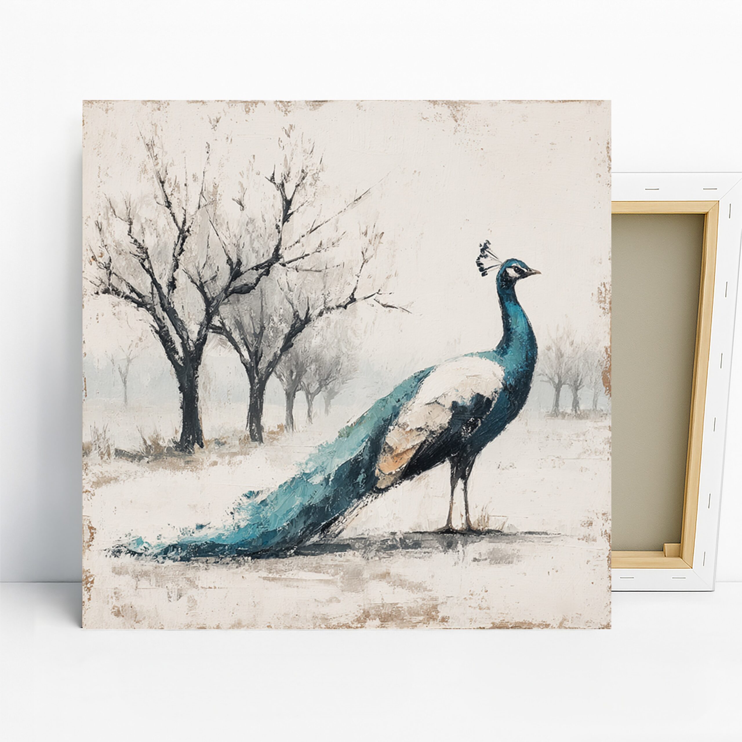 Peacock Art, Canvas or Poster, Nature Contemporary Decor, Living Room Bedroom Office Wall Art, Blue White Beige, Minimalist Rustic