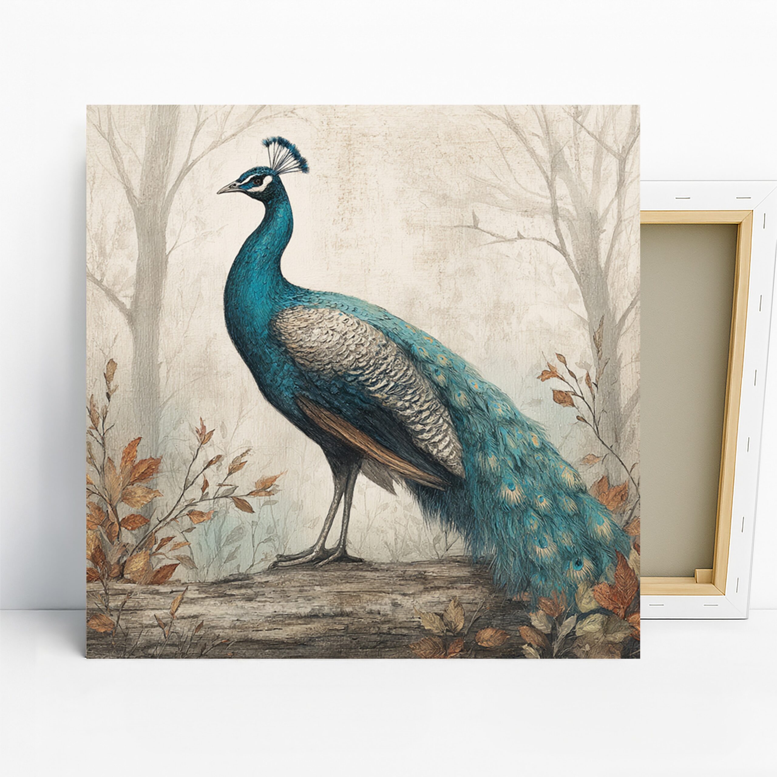 Peacock Art, Canvas or Poster, Nature Rustic Decor, Living Room Dining Room Office Wall Art, Blue Turquoise and White