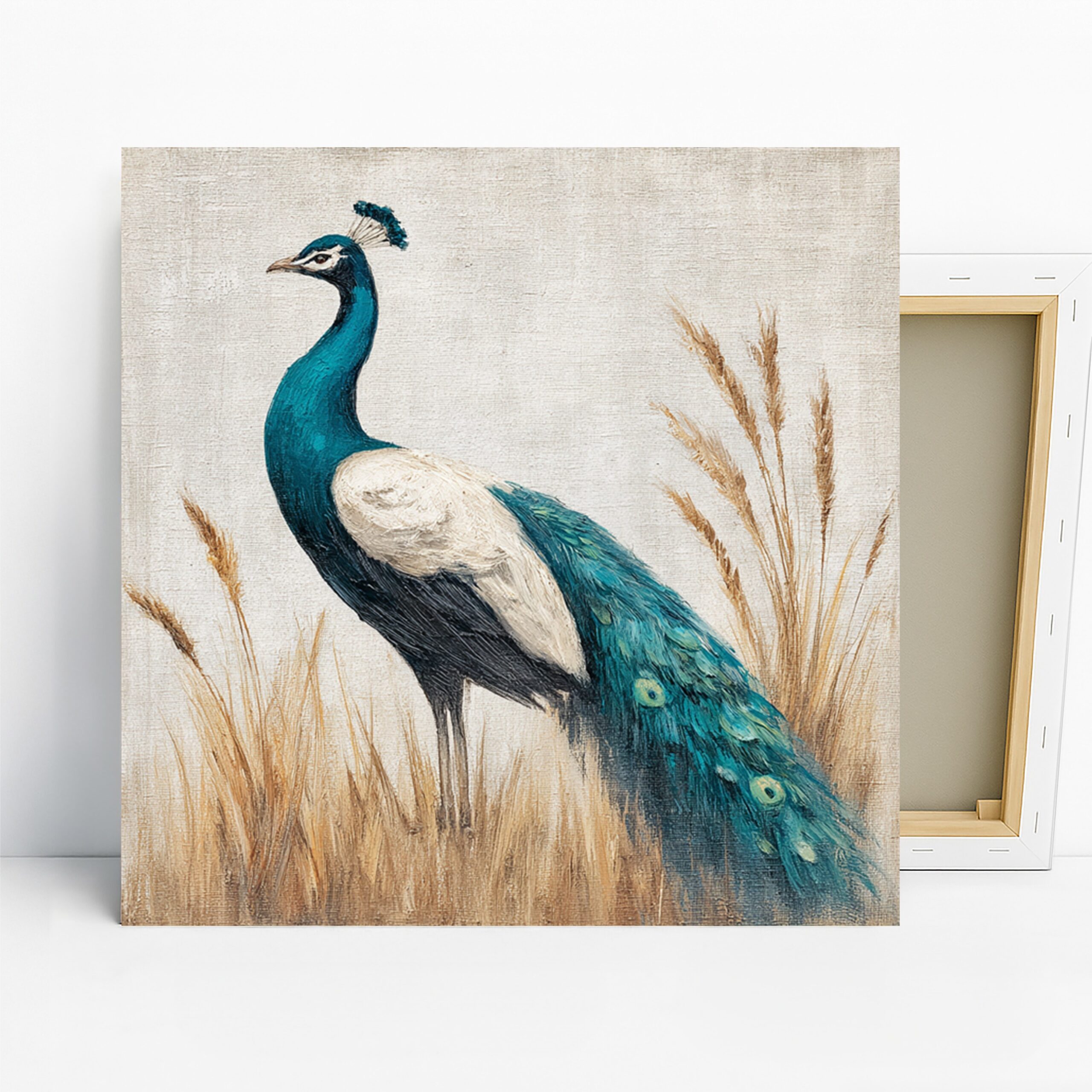 Peacock Art, Canvas or Poster, Nature Contemporary Decor, Living Room Bedroom Dining Room Wall Art, Blue White Brown Beige