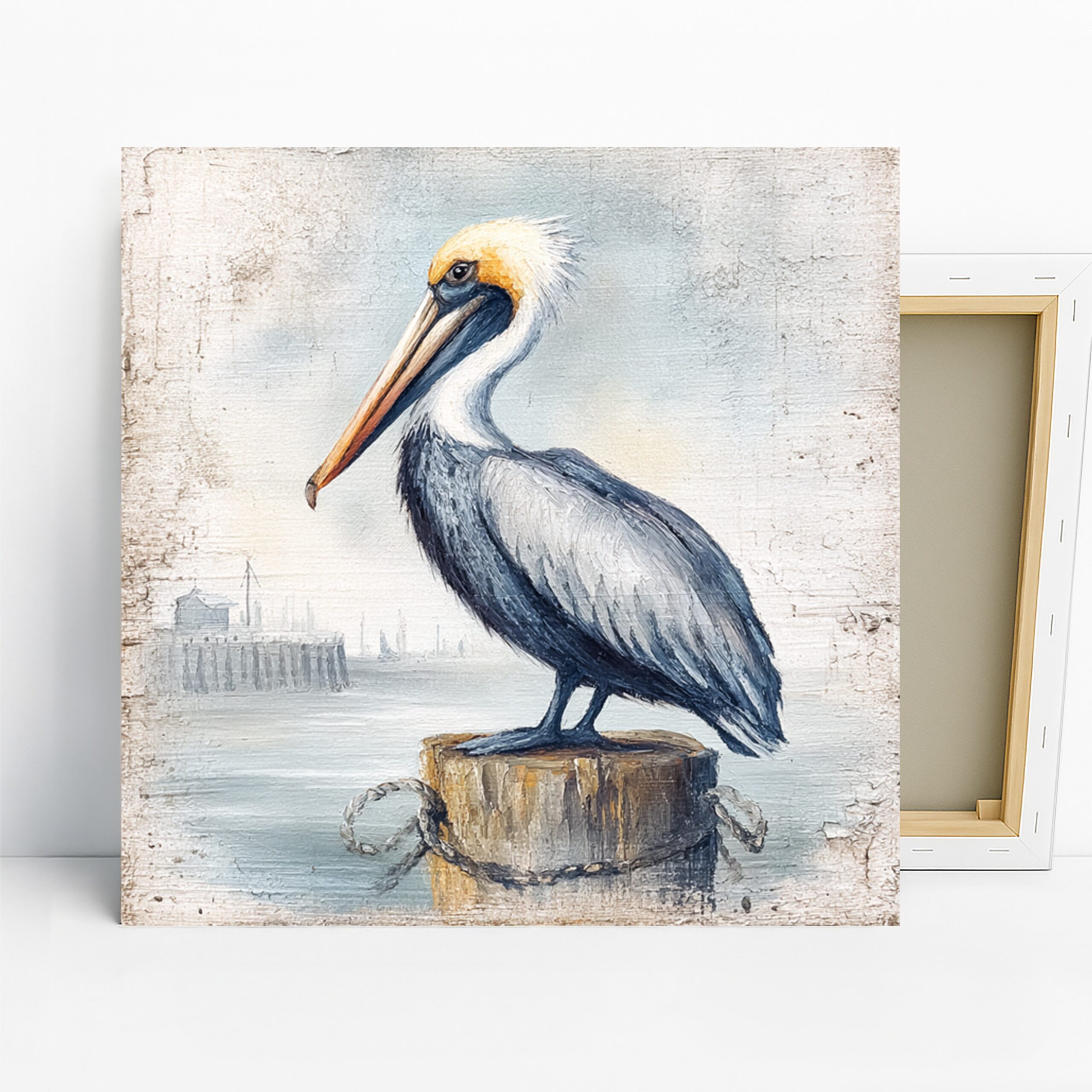 Pelican Art, Canvas or Poster, Nature Vintage Decor, Living Room Bedroom Bathroom Office Wall Art, Blue Grey White Yellow Colorful
