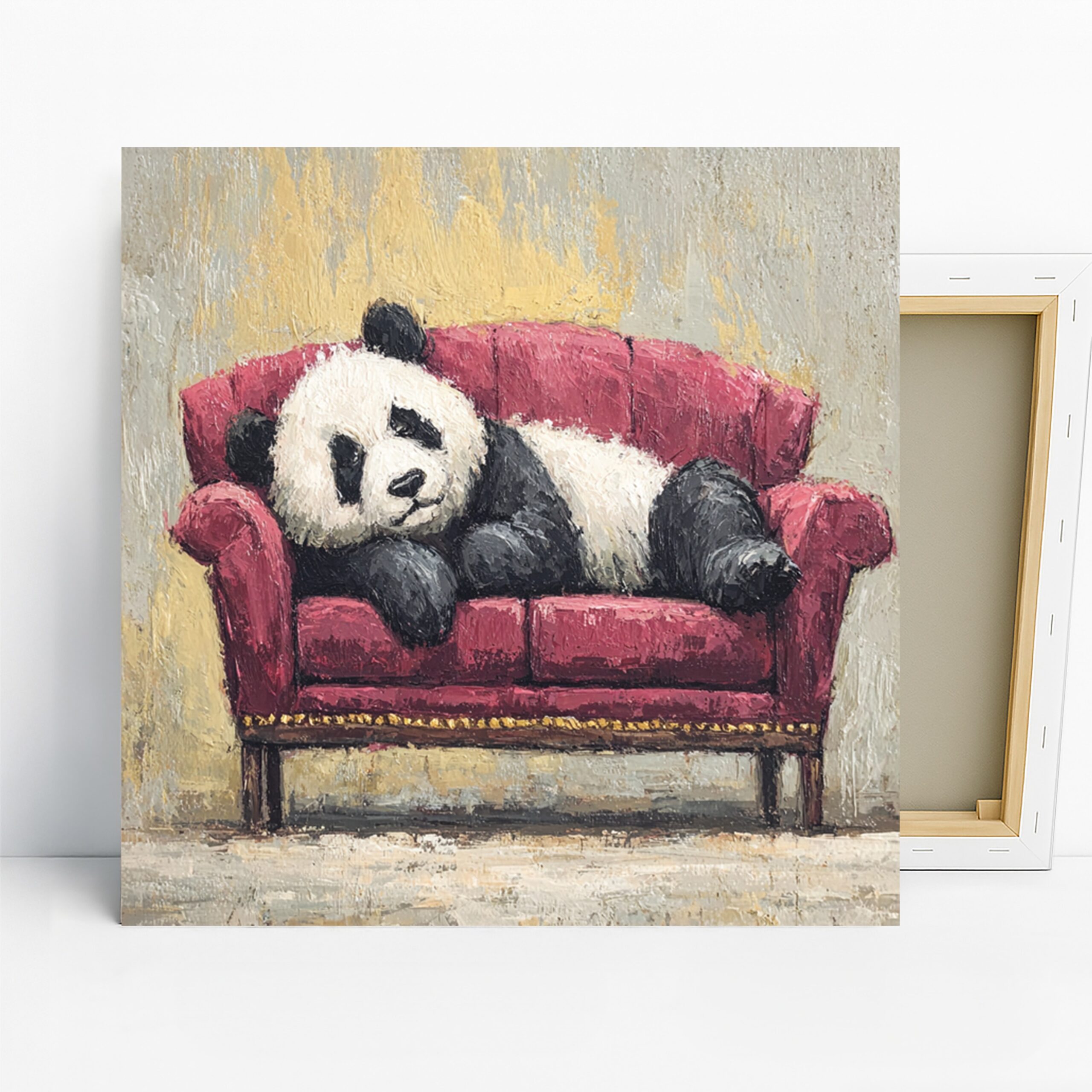Panda Couch Art, Canvas or Poster, Whimsical Contemporary Decor, Living Room Bedroom Office Children’s Room Wall Art, Red White Black Yellow