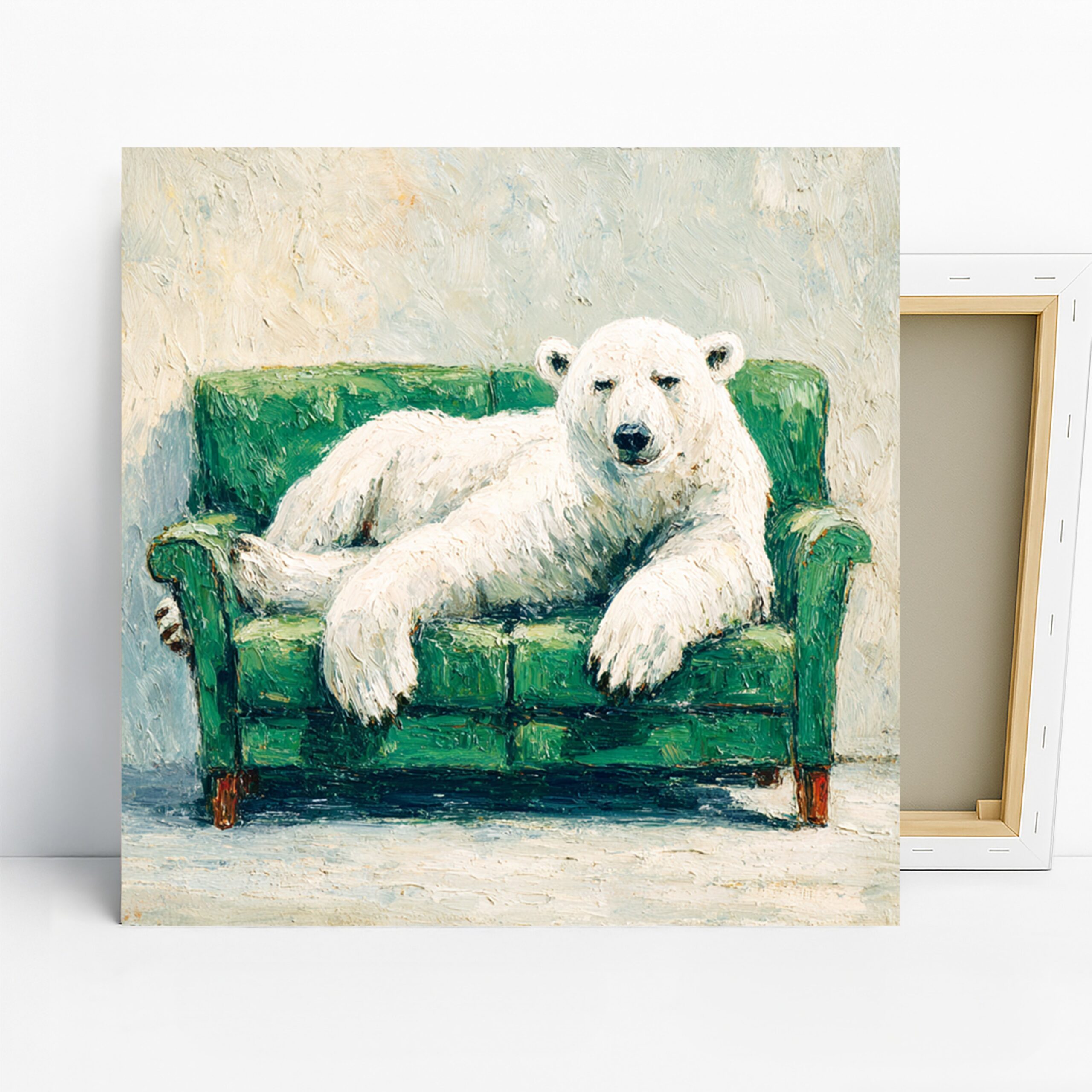 Polar Bear Art, Canvas or Poster, Animal Contemporary Decor, Living Room Office Bedroom Children’s Room Wall Art, White Green Beige