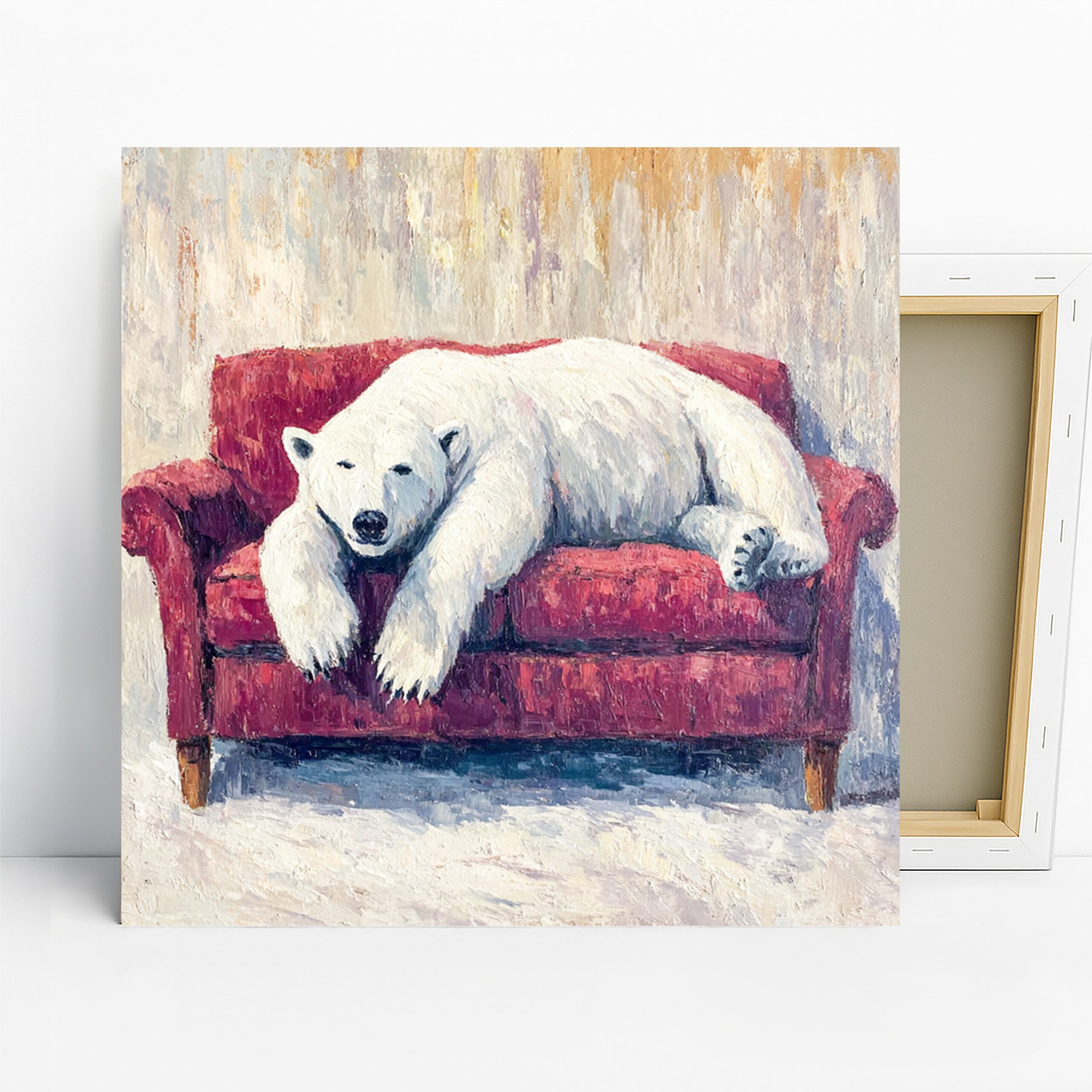 Polar Bear Art, Canvas or Poster, Whimsical Contemporary Decor, Living Room Bedroom Office Children’s Room Wall Art, White Red Beige