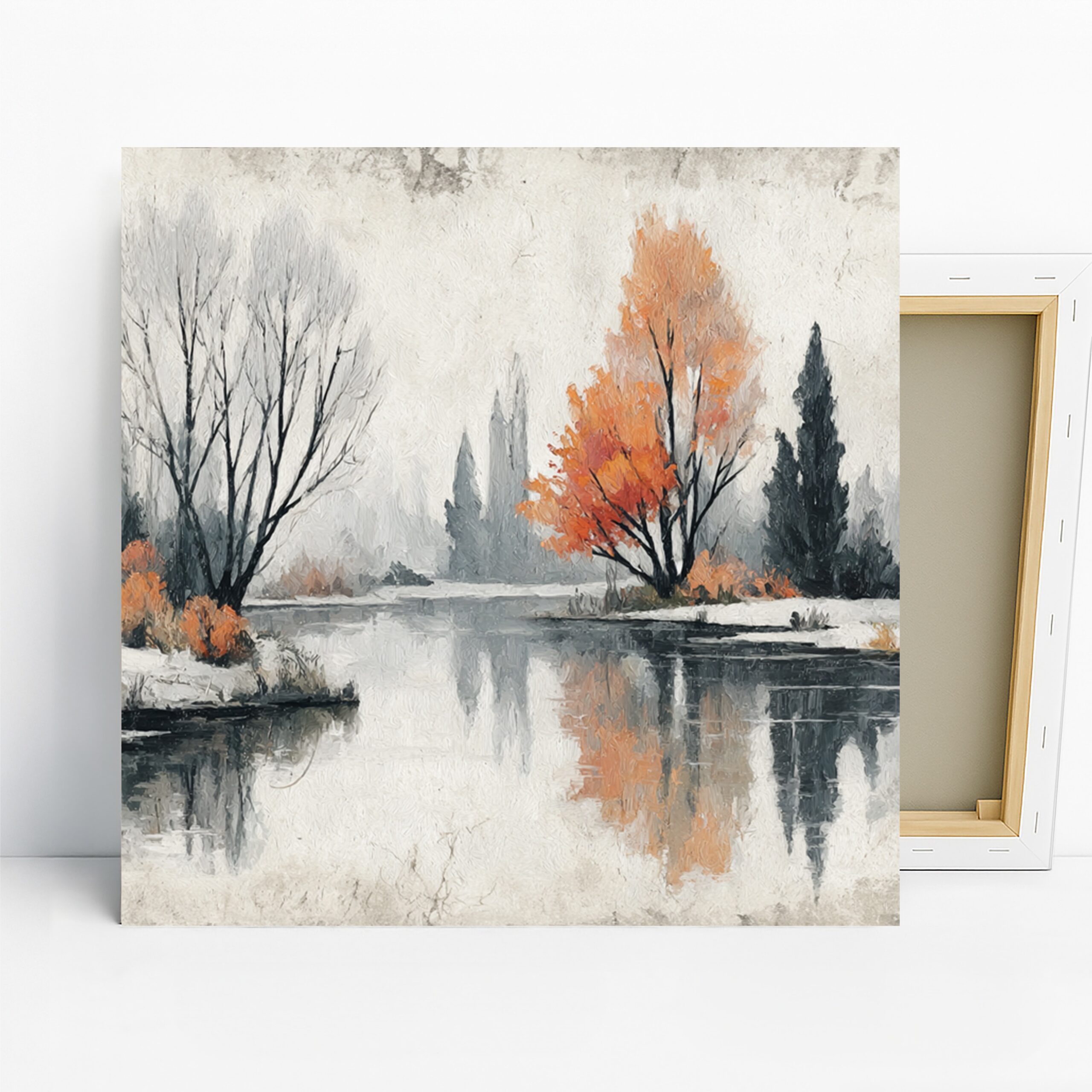 Autumn Reflections Art, Canvas or Poster, Impressionism Rustic Decor, Living Room Bedroom Office Wall Art, Orange Grey White Green