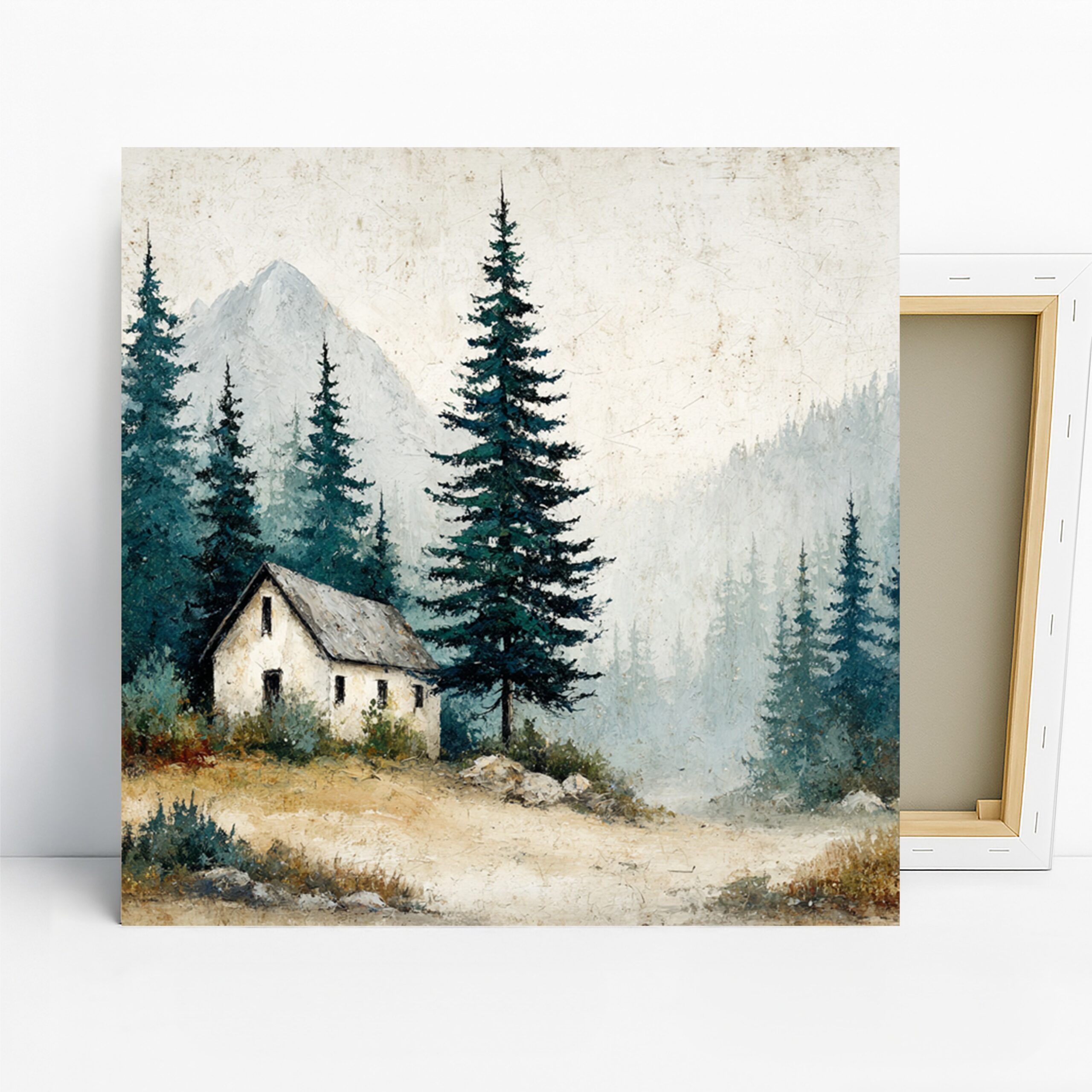 Mountain Cabin Art, Canvas or Poster, Nature Rustic Decor, Living Room Bedroom Cabin Wall Art, Green Blue Brown White, Tranquil Forest Decor