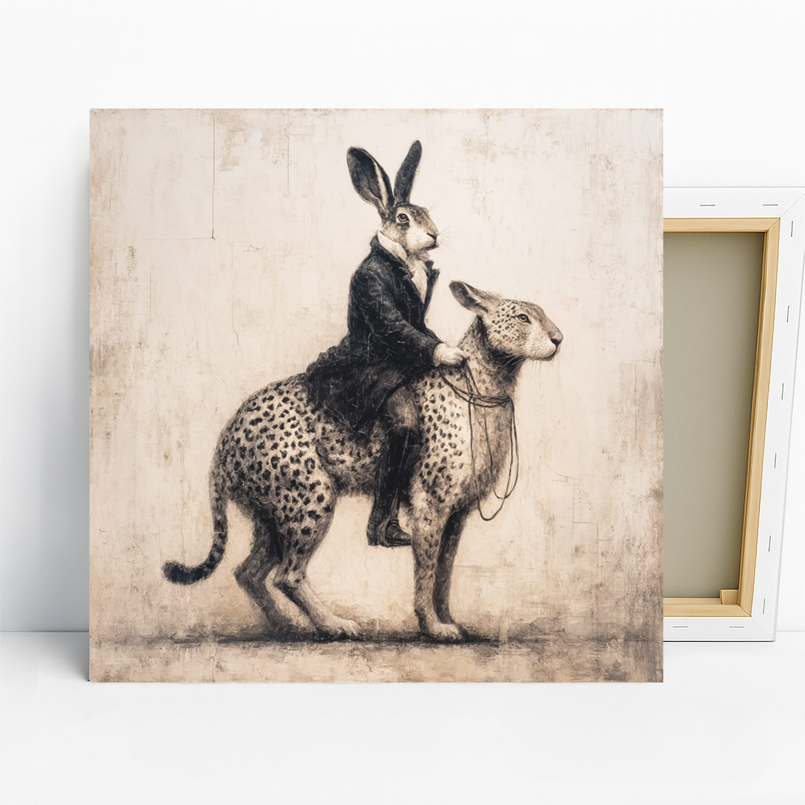 Hare’s Wild Ride Art, Canvas or Poster, Whimsical Animal Decor, Living Room Office Game Room Wall Art, Black White Beige Brown