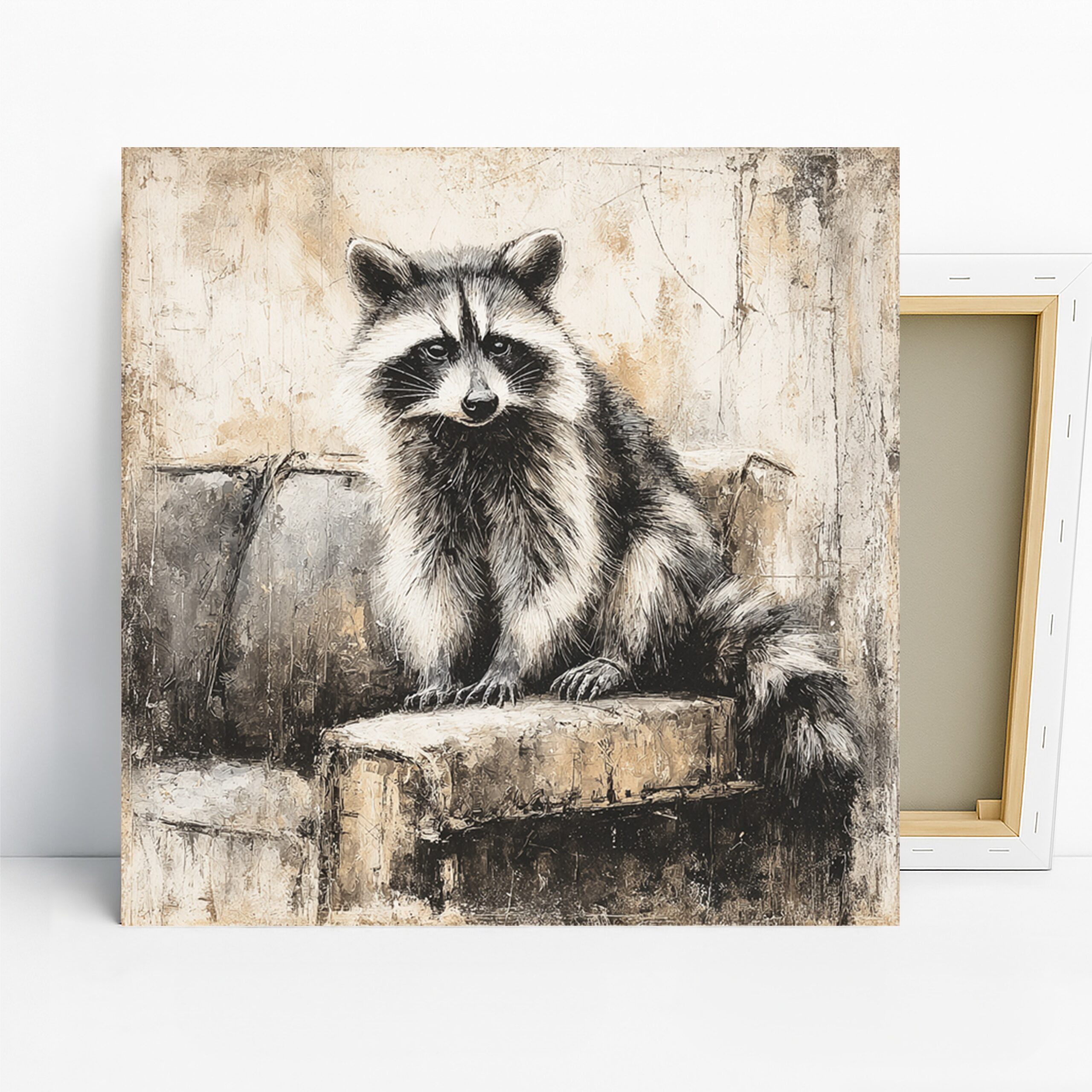 Raccoon Art, Canvas or Poster, Vintage Nature Decor, Living Room Office Bedroom Entryway Wall Art, Black White Beige Brown
