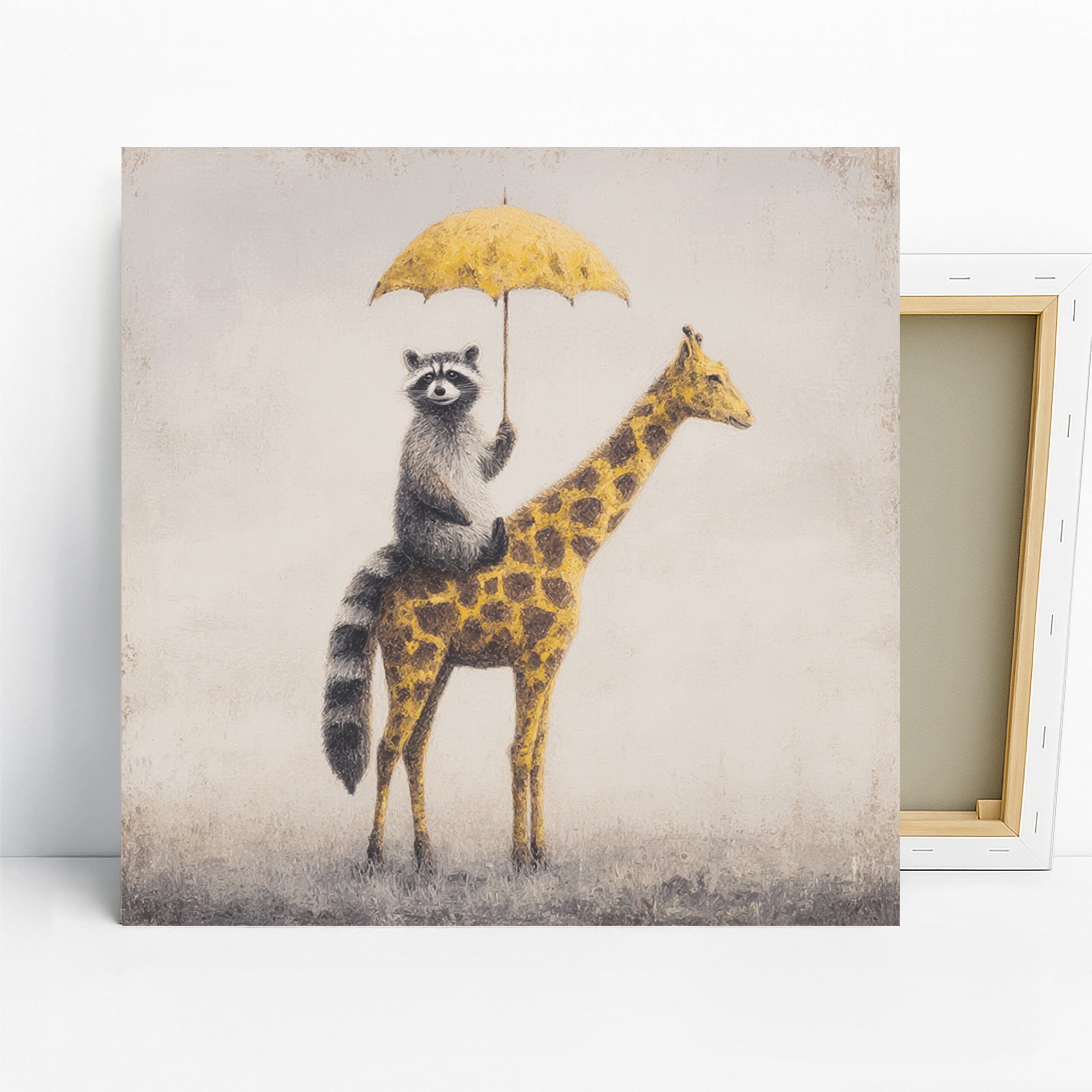 Raccoon Giraffe Art, Canvas or Poster, Whimsical Contemporary Decor, Children’s Room Nursery Office Wall Art, Yellow Brown Grey and White