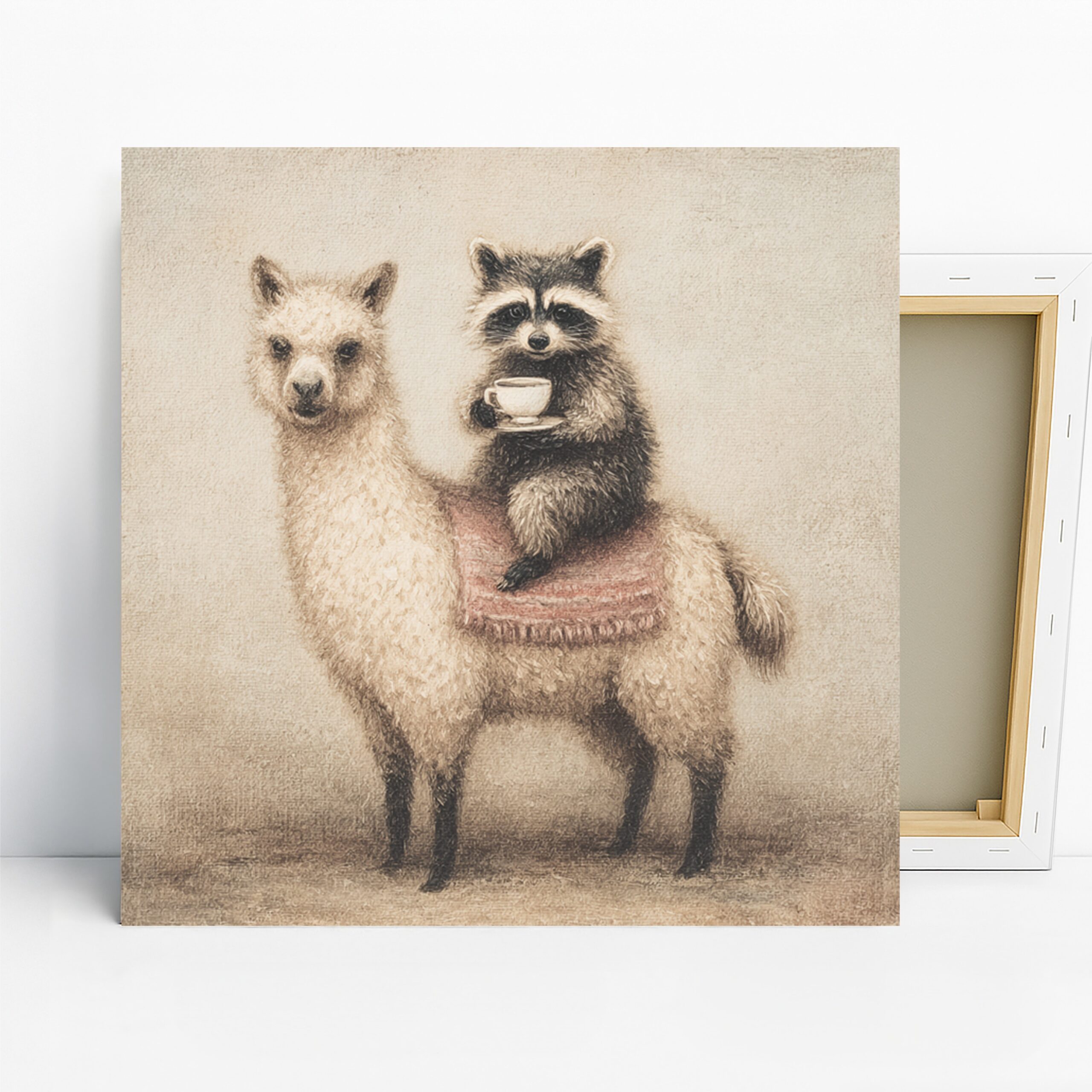 Llama and Raccoon Art, Canvas or Poster, Whimsical Rustic Decor, Living Room Bedroom Office Wall Art, Beige Brown Black and White