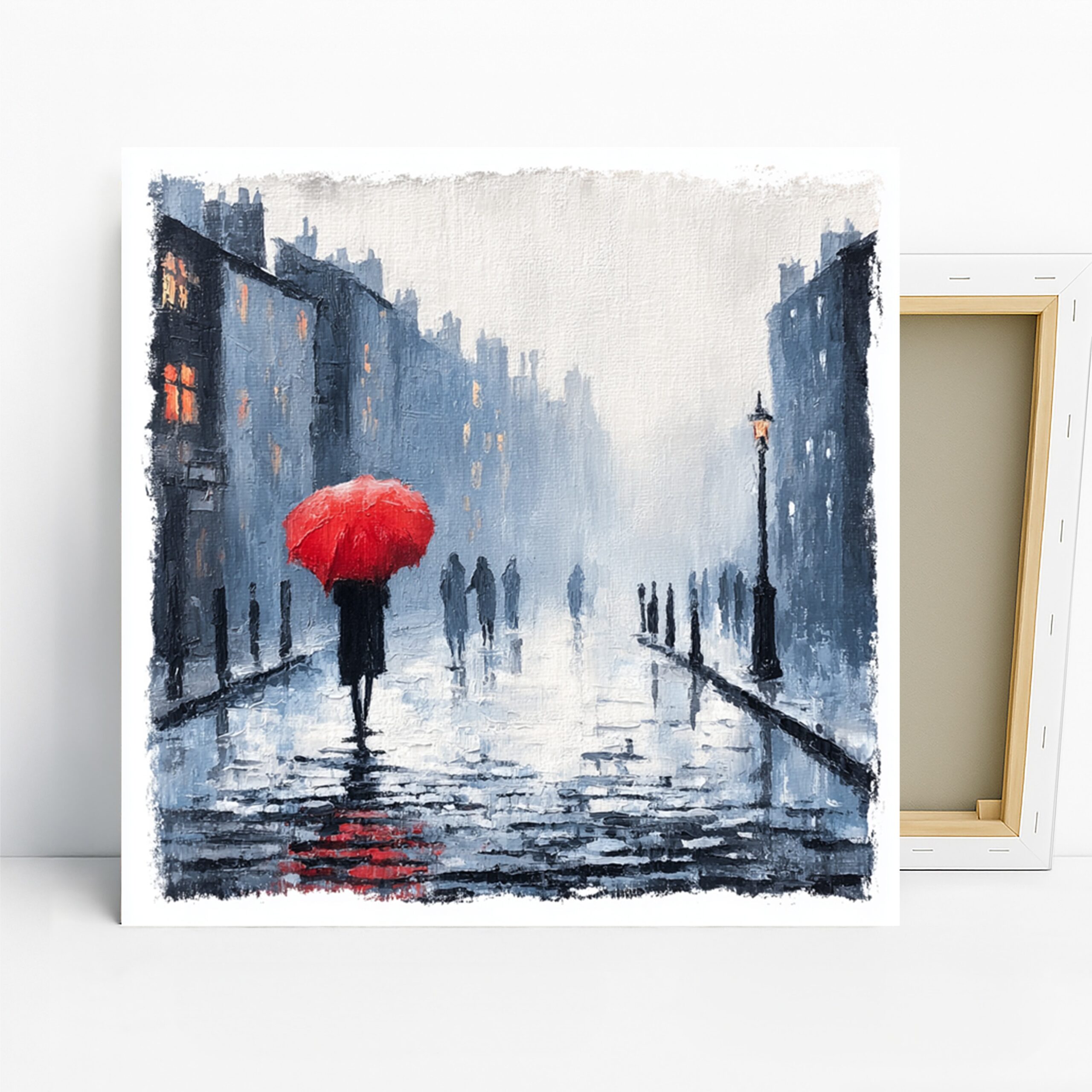 Red Umbrella City Rain Art, Canvas or Poster, Impressionism Urban Decor, Living Room Bedroom Office Wall Art, Red Blue Grey White