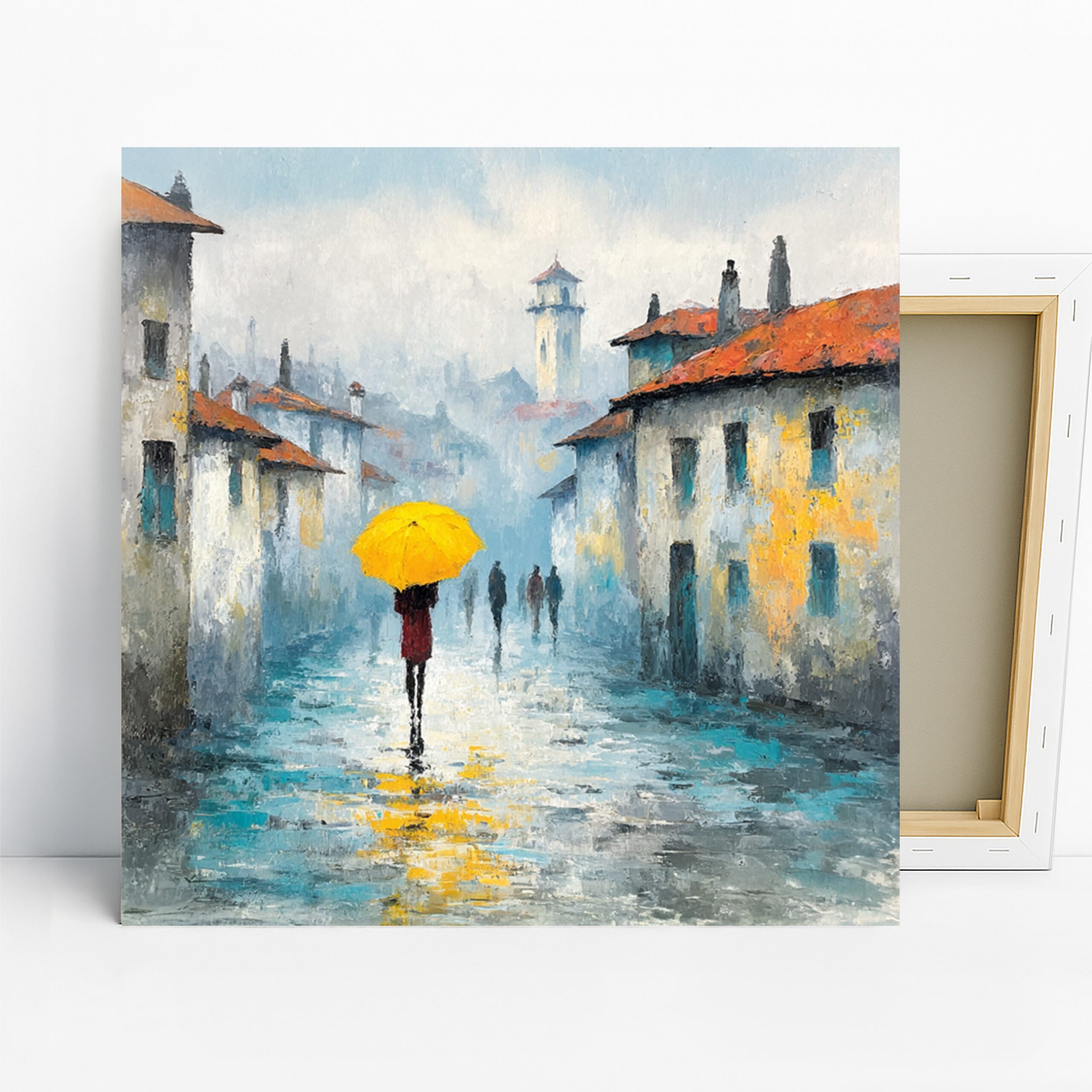 Rainy Day Umbrella Art, Canvas or Poster, Impressionism Modern Decor, Living Room Bedroom Office Wall Art, Blue Yellow Orange and White