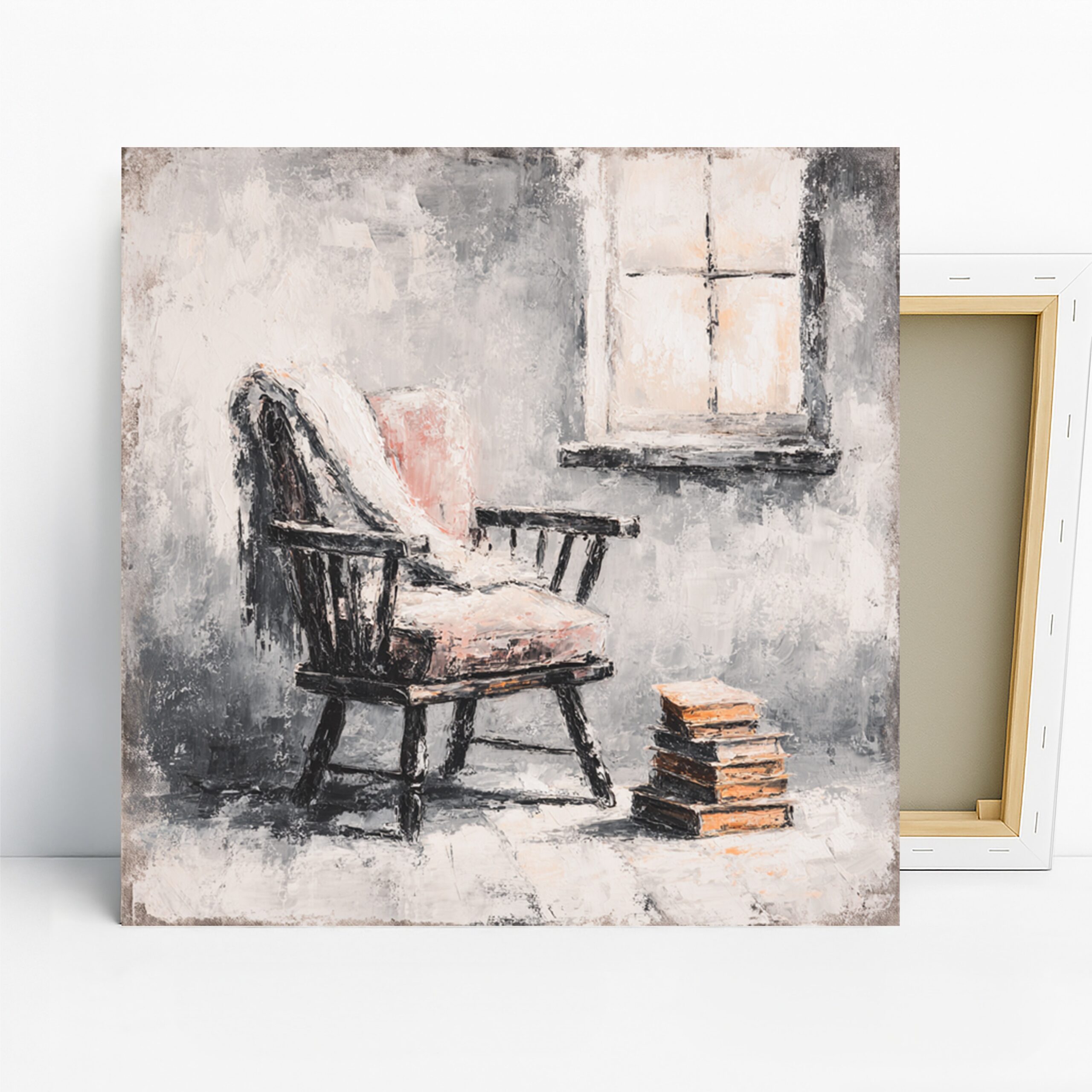 Vintage Chair Reading Nook Art, Canvas or Poster, Contemporary Minimalist Decor, Living Room Office Bedroom Wall Art, Grey Pink White Black
