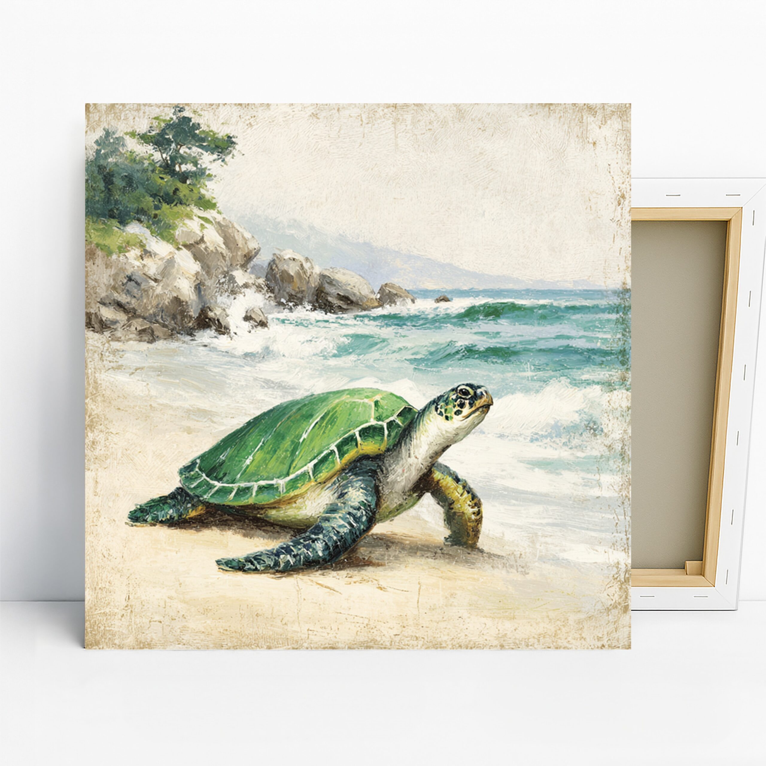 Sea Turtle Art, Canvas or Poster, Nature Coastal Decor, Living Room Bathroom Bedroom Office Wall Art, Green Blue Brown and White