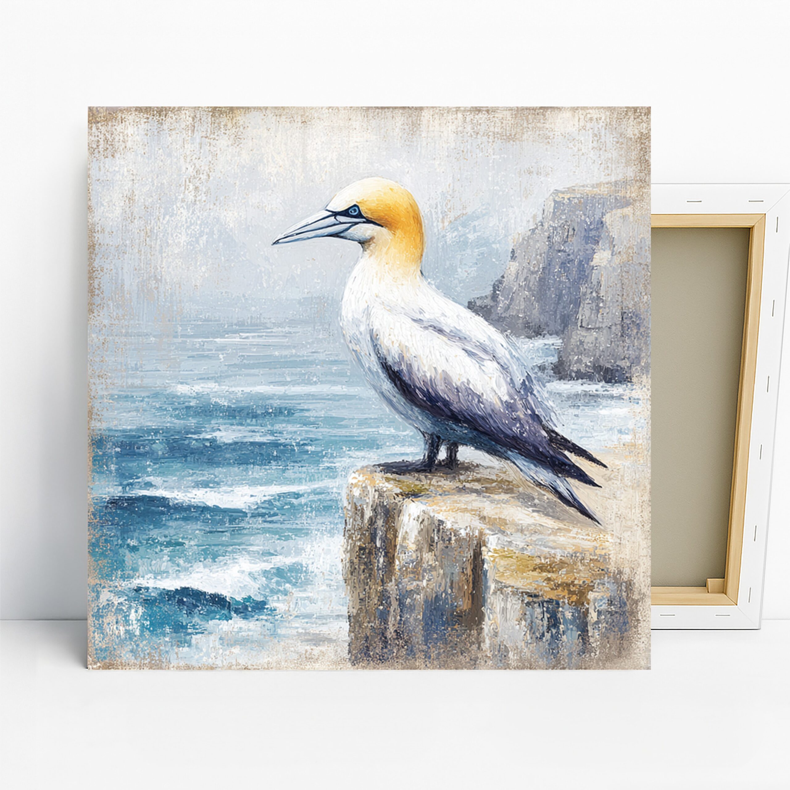 Gannet Art, Canvas or Poster, Nature Contemporary Decor, Living Room Bedroom Office Wall Art, Blue Grey White Yellow, Coastal Wildlife Decor