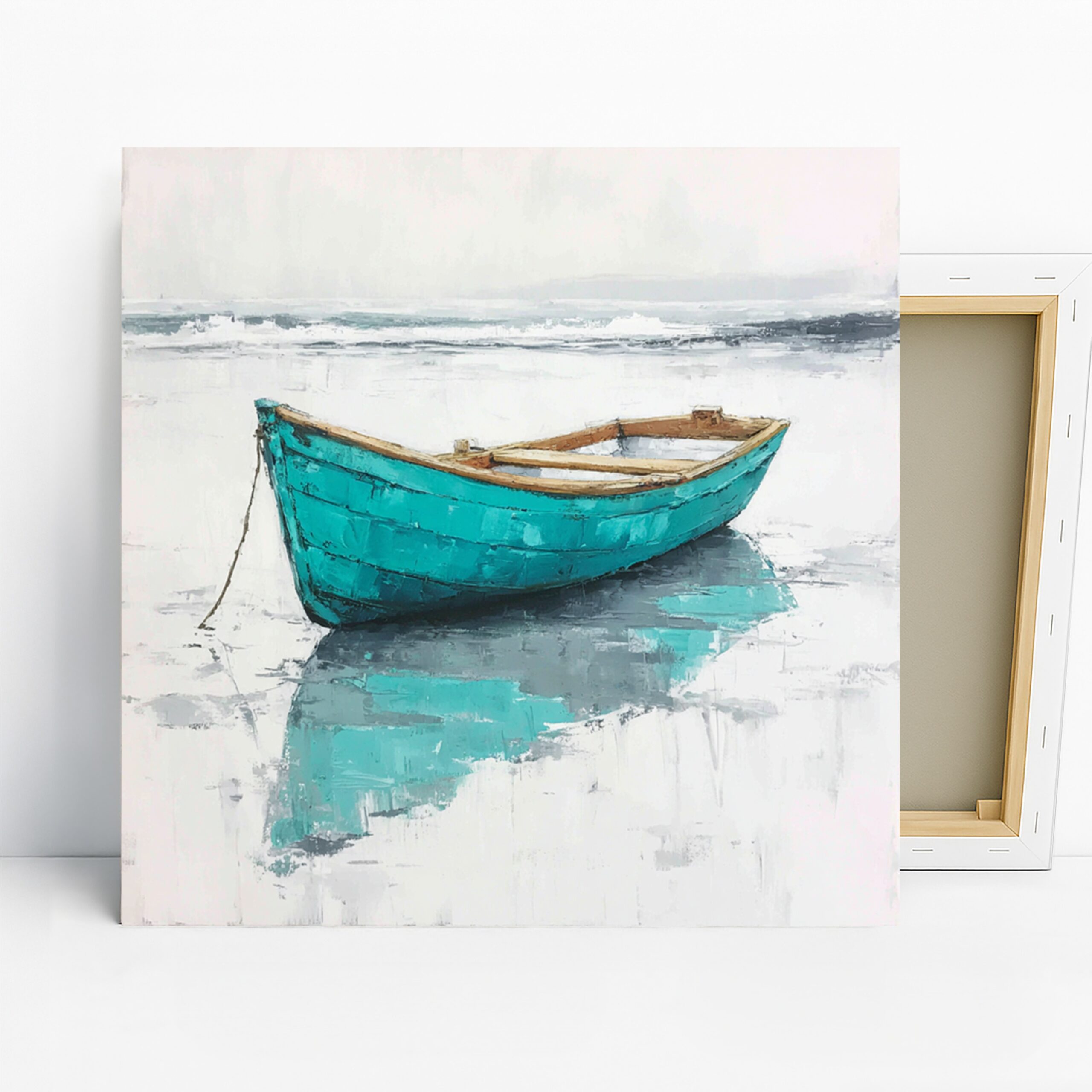 Turquoise Boat Art, Canvas or Poster, Contemporary Minimalist Decor, Living Room Bedroom Office Bathroom Wall Art, Blue White Brown