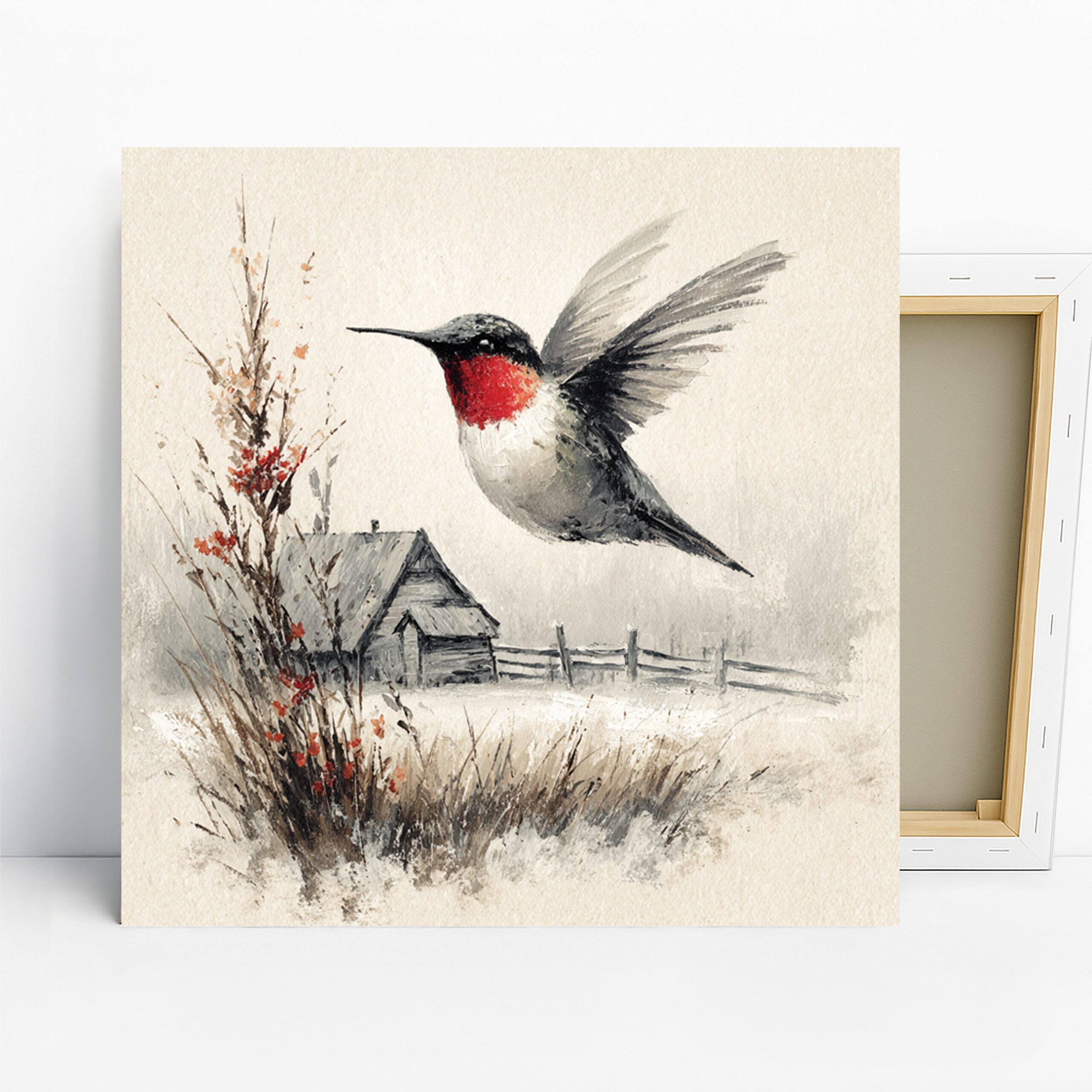 Hummingbird Art, Canvas or Poster, Whimsical Rustic Decor, Living Room Bedroom Office Wall Art, Red Gray White, Winter Nature Print