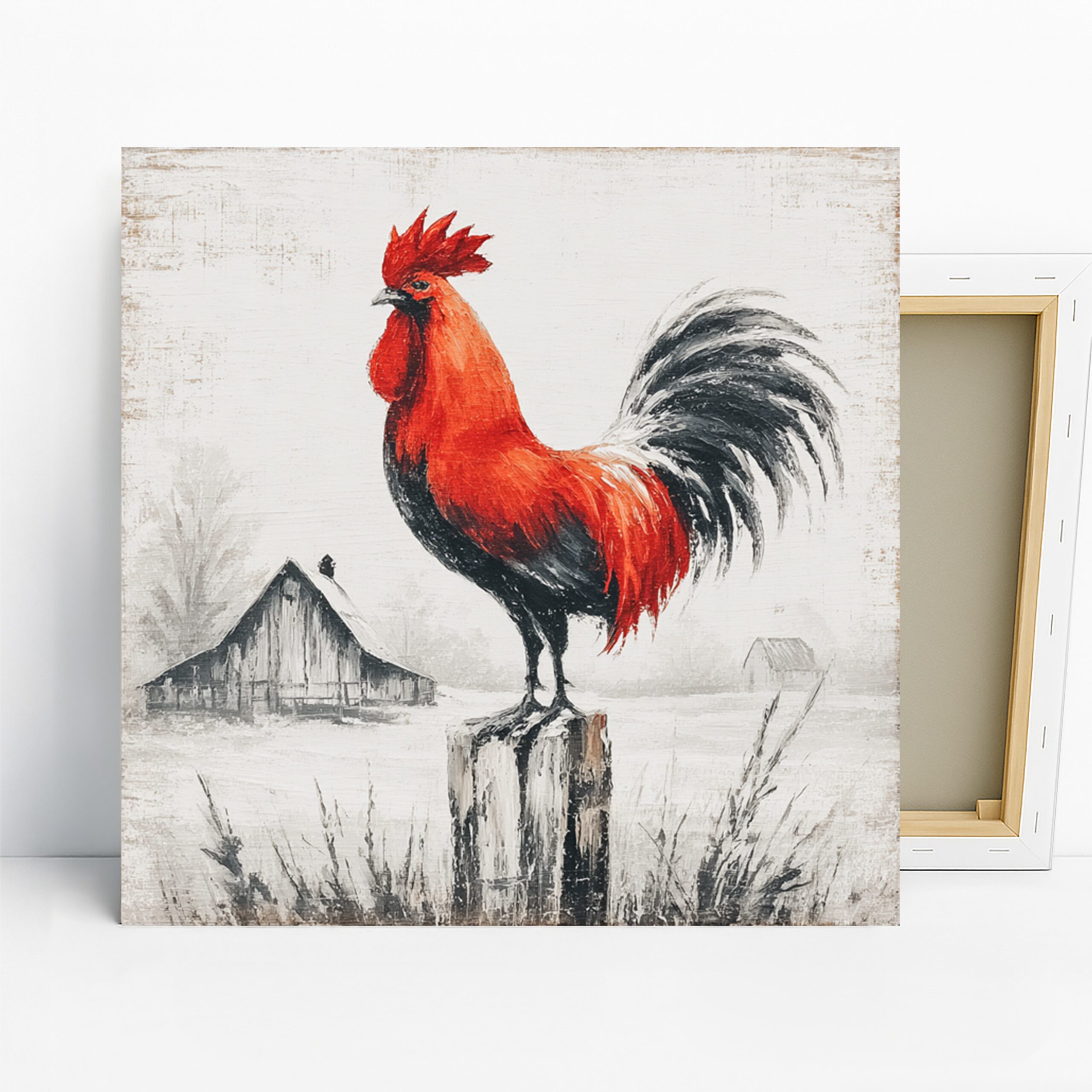 Red Rooster Art, Canvas or Poster, Vintage Farmhouse Decor, Kitchen Dining Room Living Room Wall Art, Red Black White Grey Country Decor