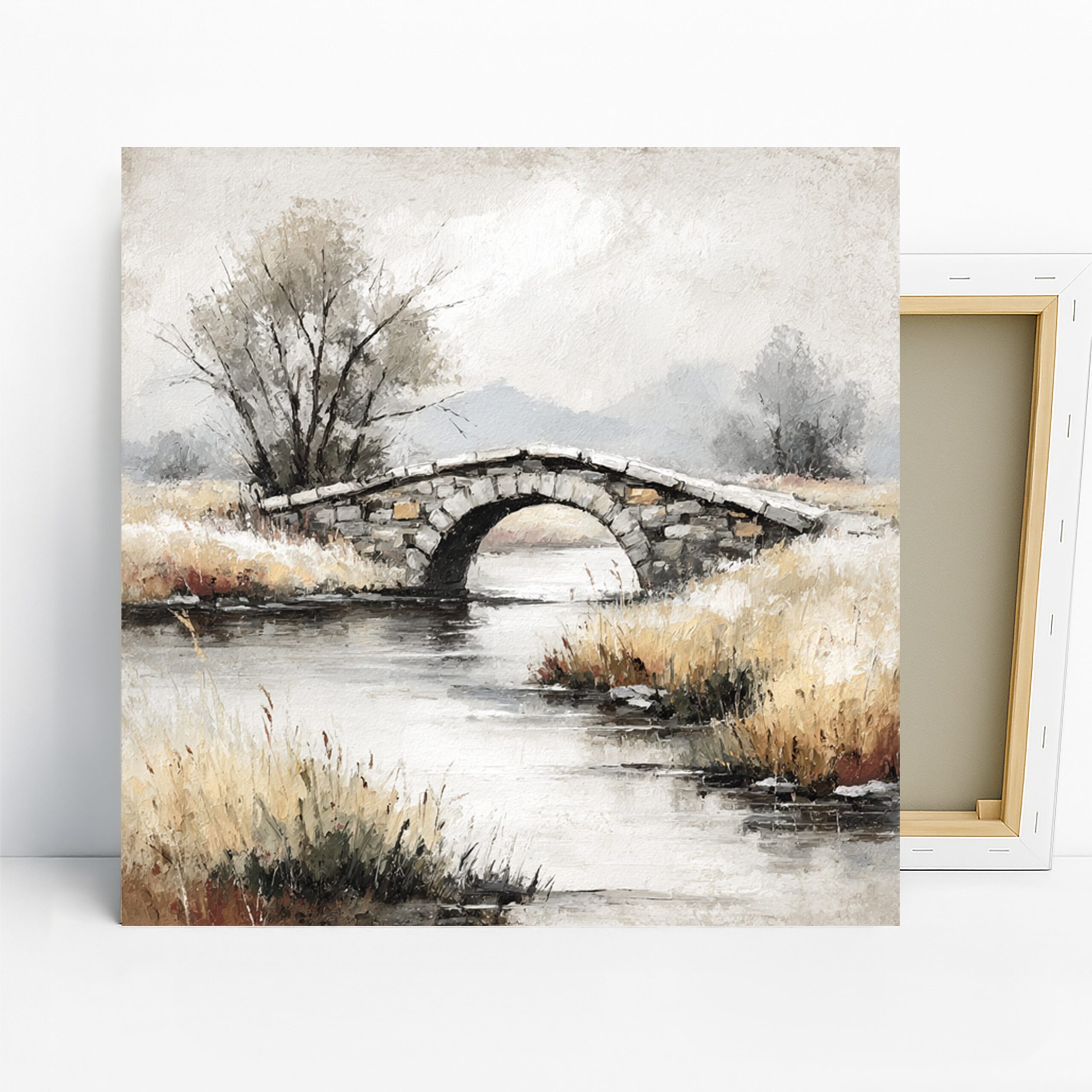 Stone Bridge Art, Canvas or Poster, Impressionism Rustic Decor, Living Room Bedroom Dining Room Wall Art, Grey Brown White