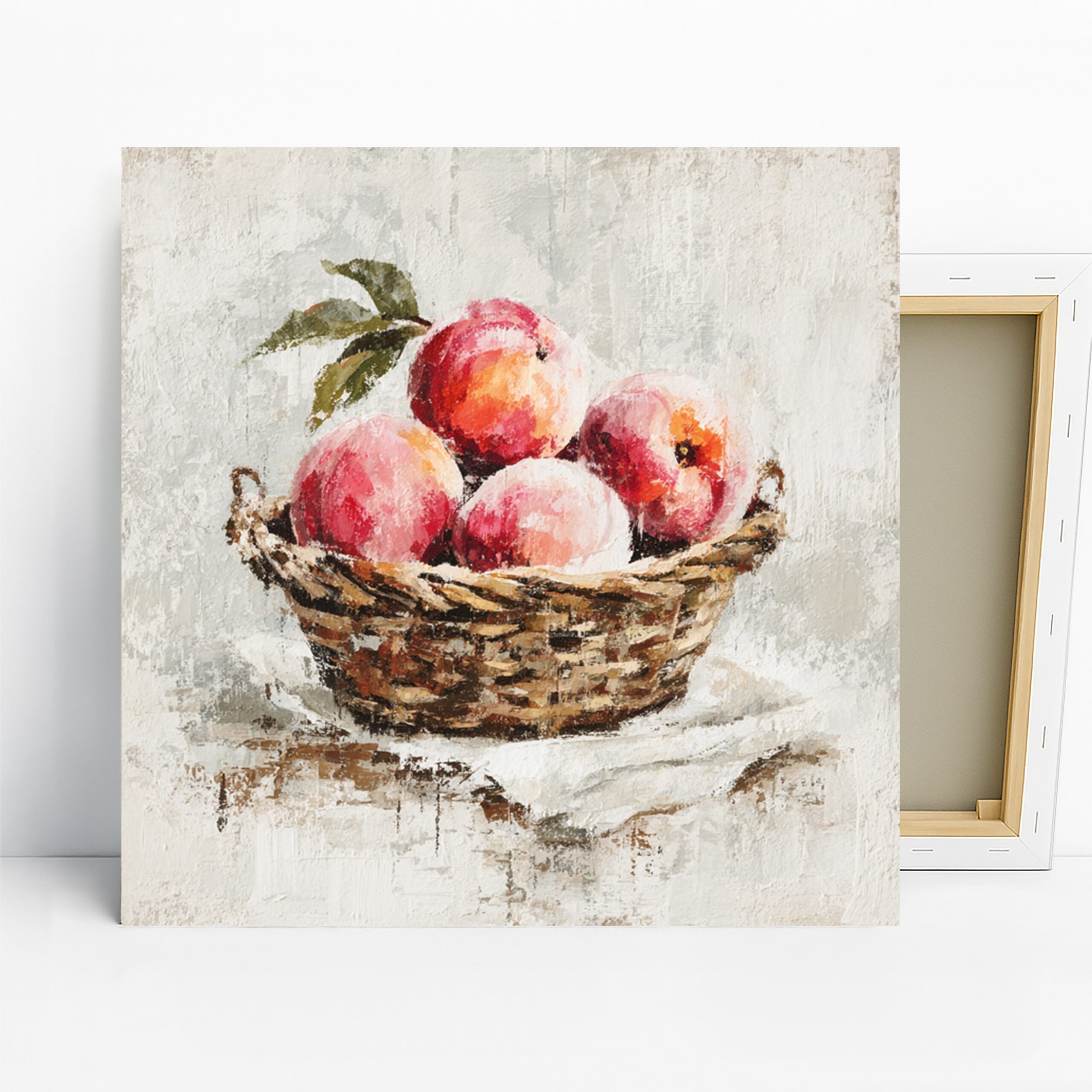 Peach Basket Art, Canvas or Poster, Classic Nature Rustic Decor, Kitchen Dining Room Living Room Wall Art, Red Pink Brown Green