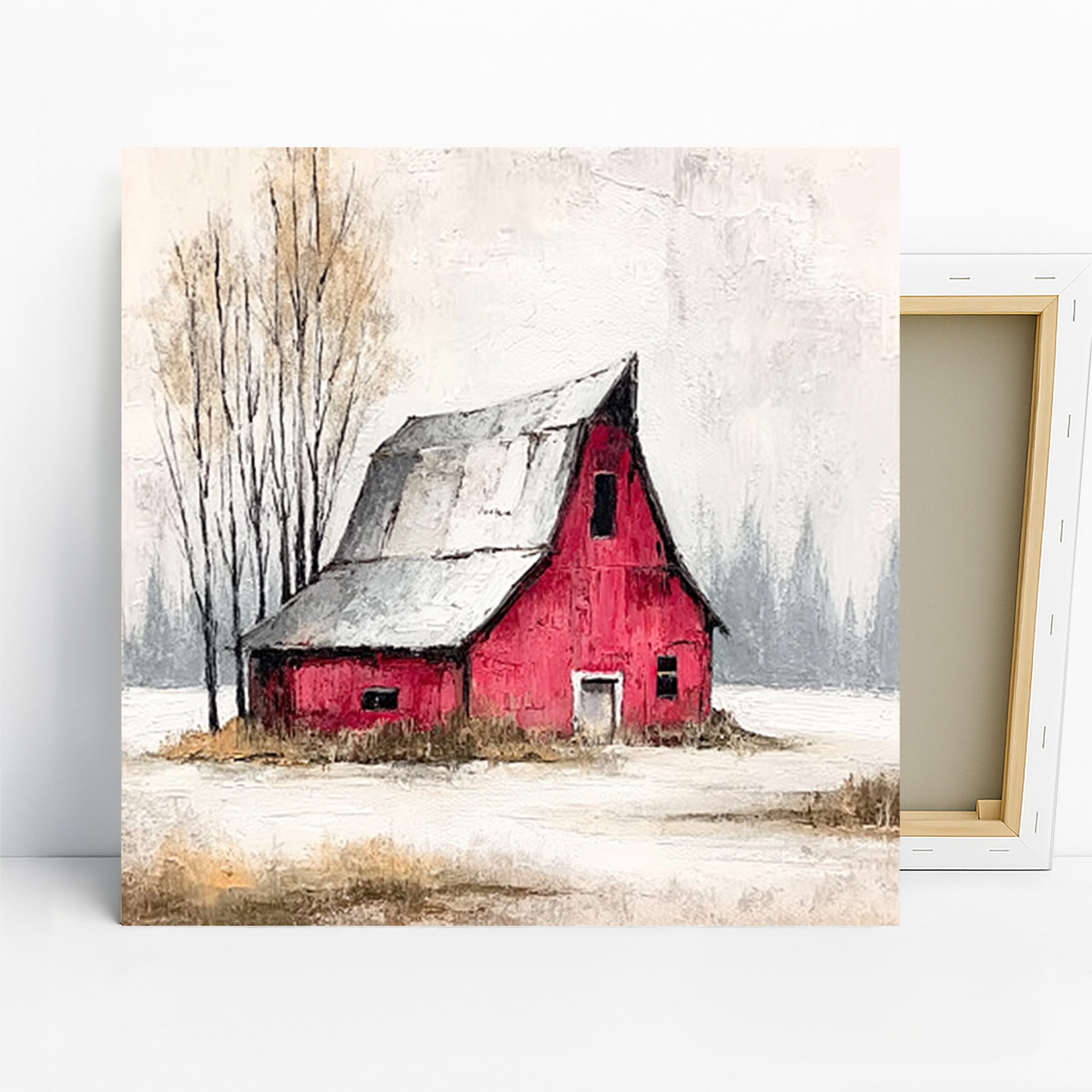 Red Barn Winter Art, Canvas or Poster, Rustic Contemporary Decor, Living Room Bedroom Home Office Wall Art, Red White Gray Brown