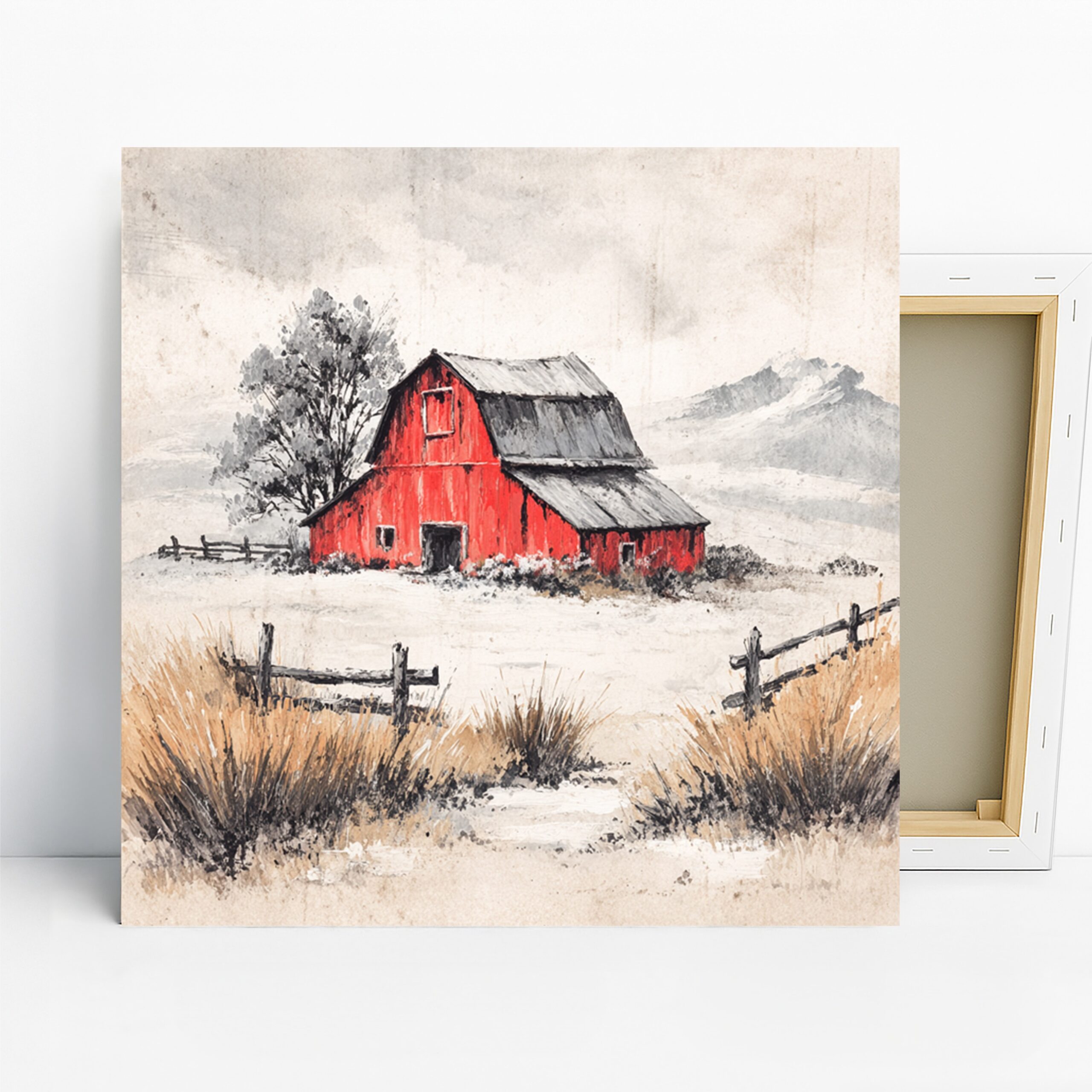 Red Barn Landscape Art, Canvas or Poster, Vintage Rustic Decor, Living Room Bedroom Dining Room Office Wall Art, Red White Brown Gray