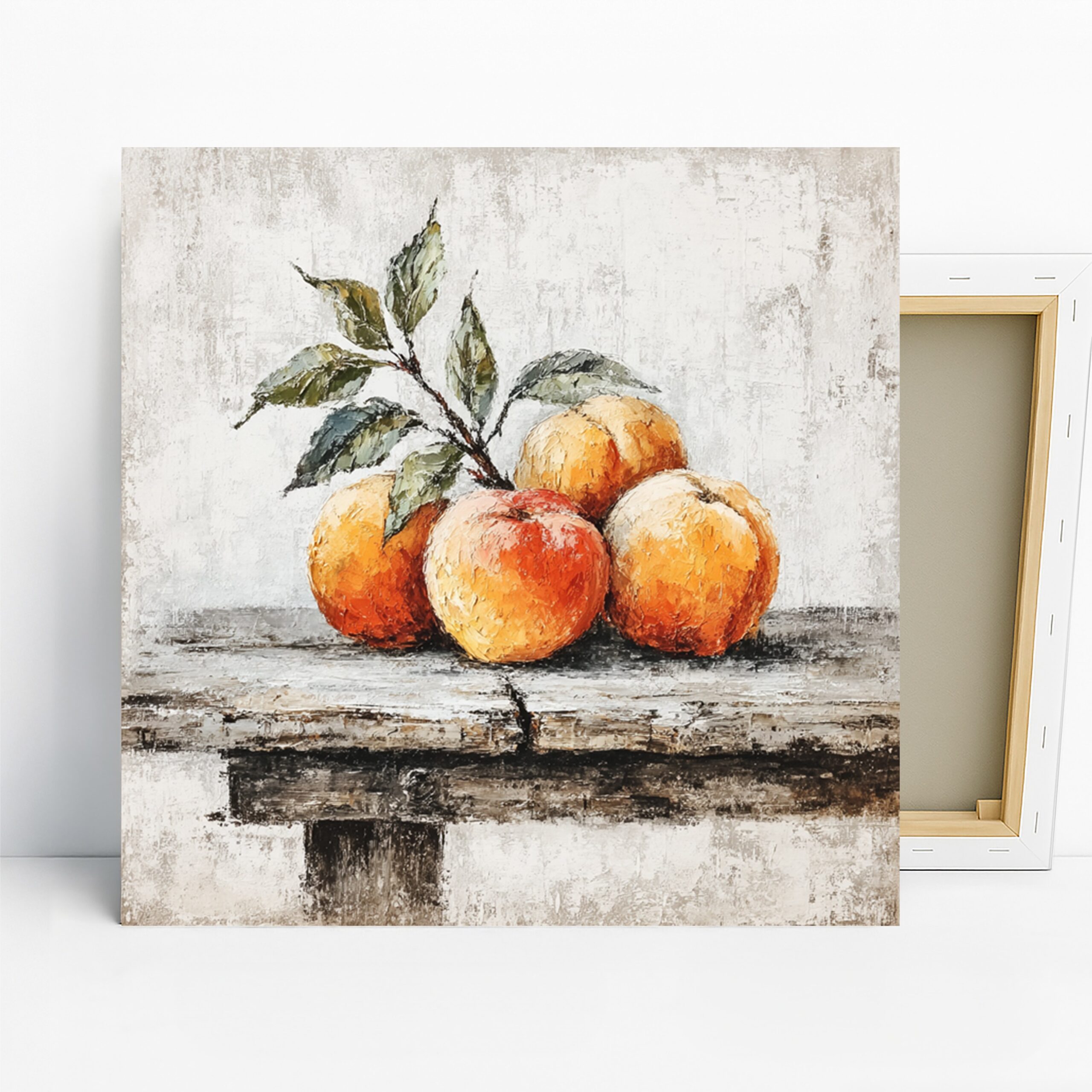 Peach Art, Canvas or Poster, Still Life Rustic Decor, Kitchen Dining Room Living Room Wall Art, Orange Green White, Nature Home Decor