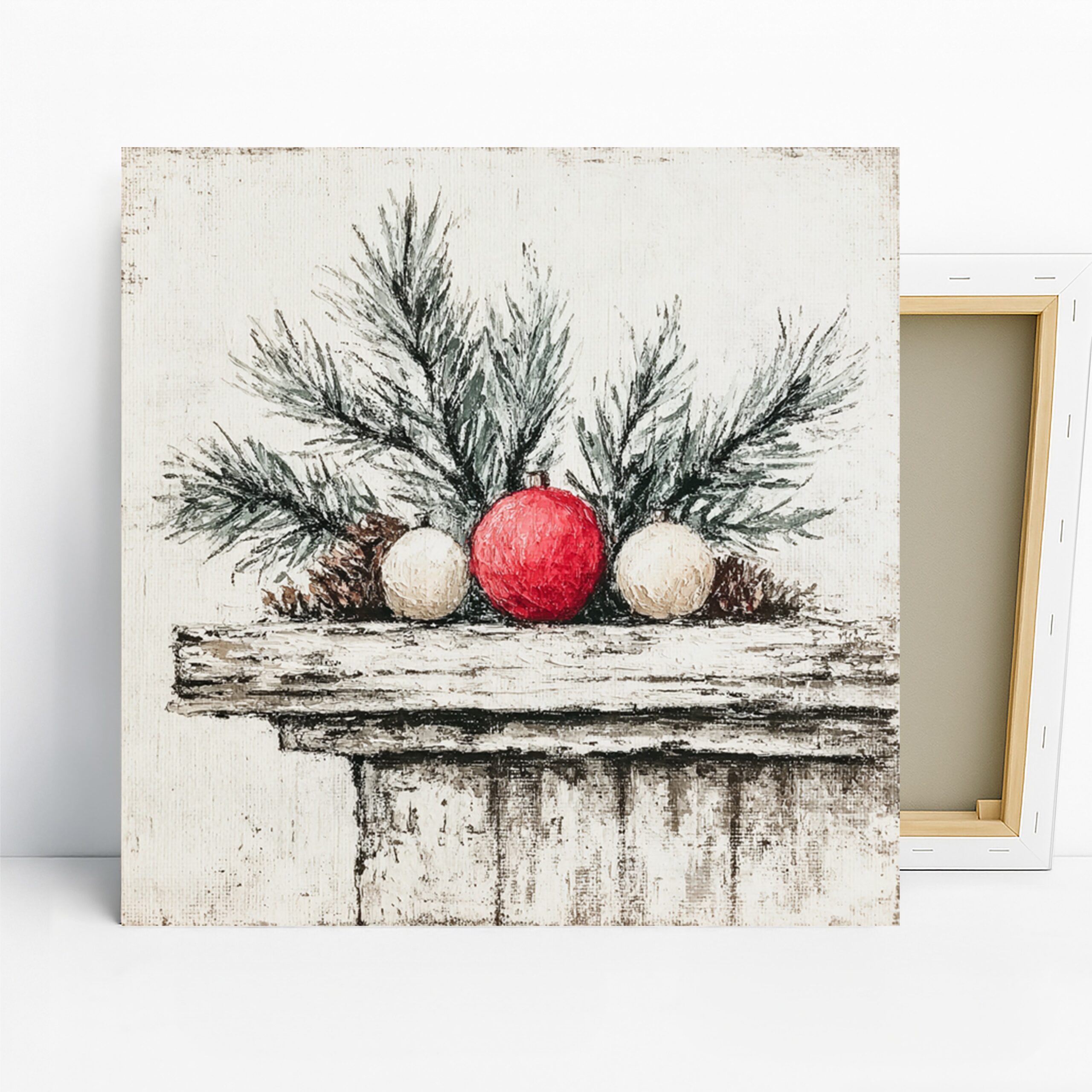 Rustic Christmas Ornament Art, Canvas or Poster, Still Life Vintage Decor, Living Room Bedroom Dining Room Wall Art, Red Green White