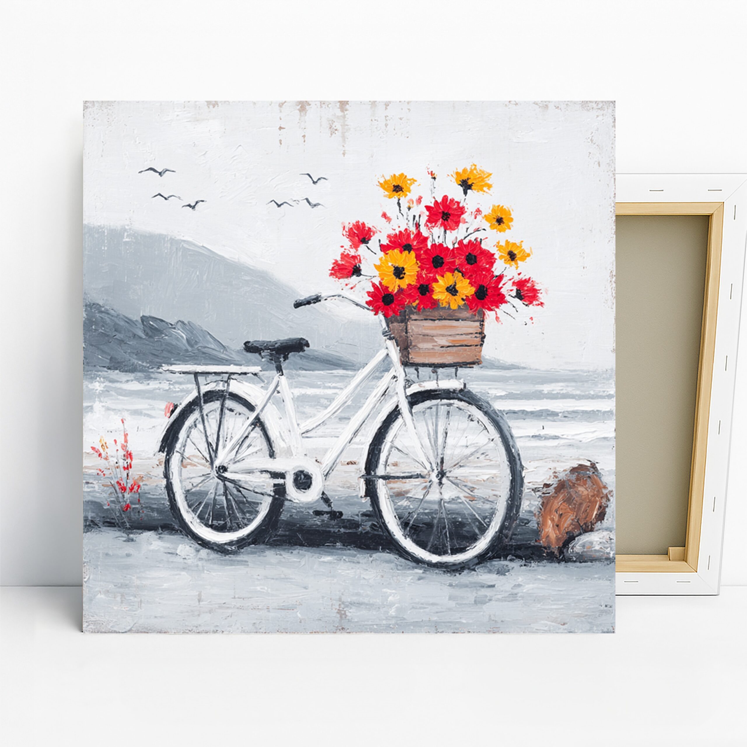 Bicycle Flower Basket Art, Canvas or Poster, Vintage Rustic Decor, Living Room Bedroom Entryway Wall Art, Red Yellow White Grey
