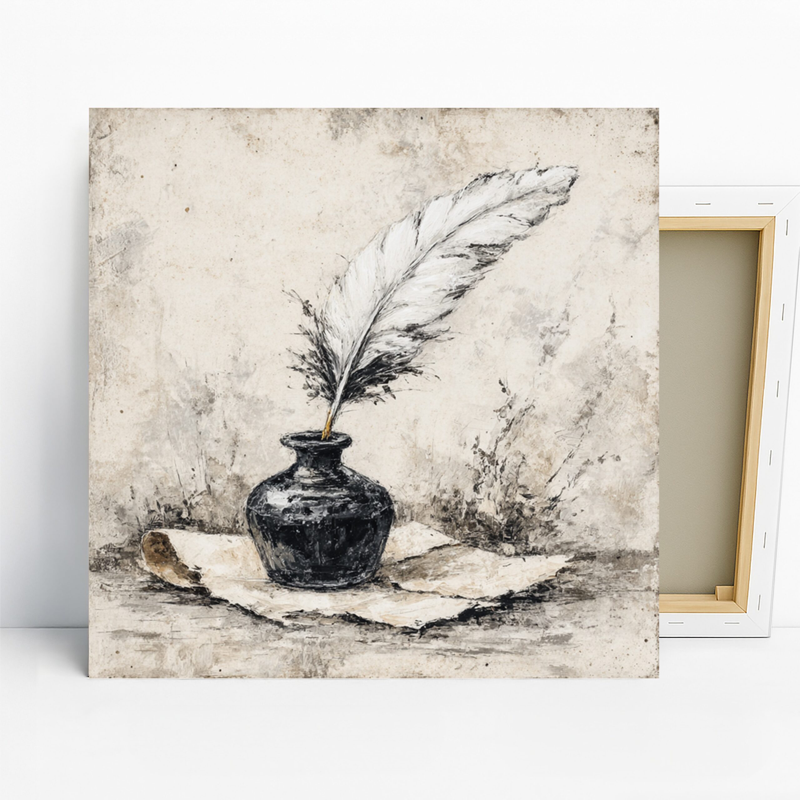 Quill and Inkwell Art, Canvas or Poster, Still Life Vintage Decor, Office Library Living Room Bedroom Wall Art, Black White Beige Brown