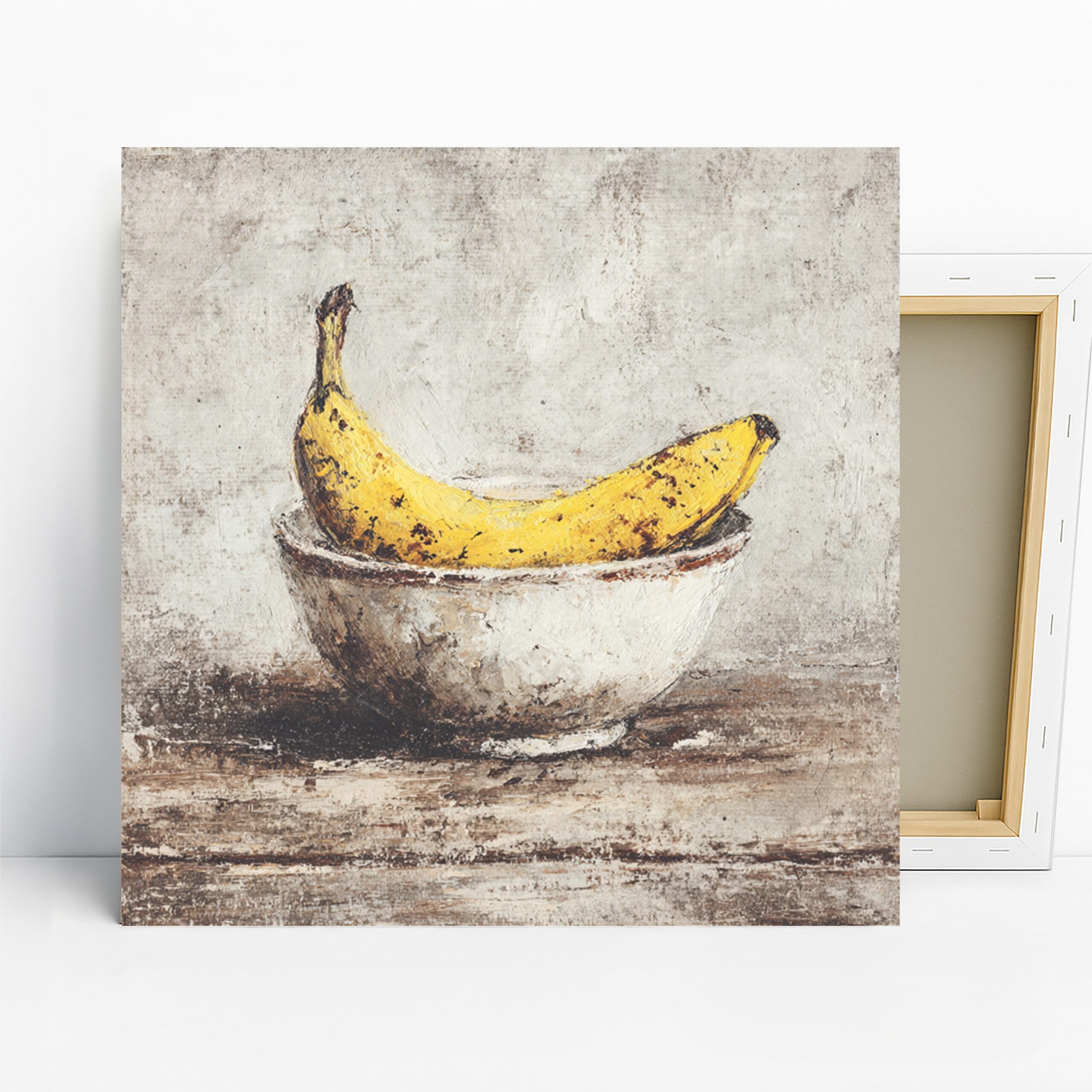 Rustic Banana Bowl Art, Canvas or Poster, Still Life Vintage Decor, Kitchen Dining Room Cafe Wall Art, Yellow White Brown Beige