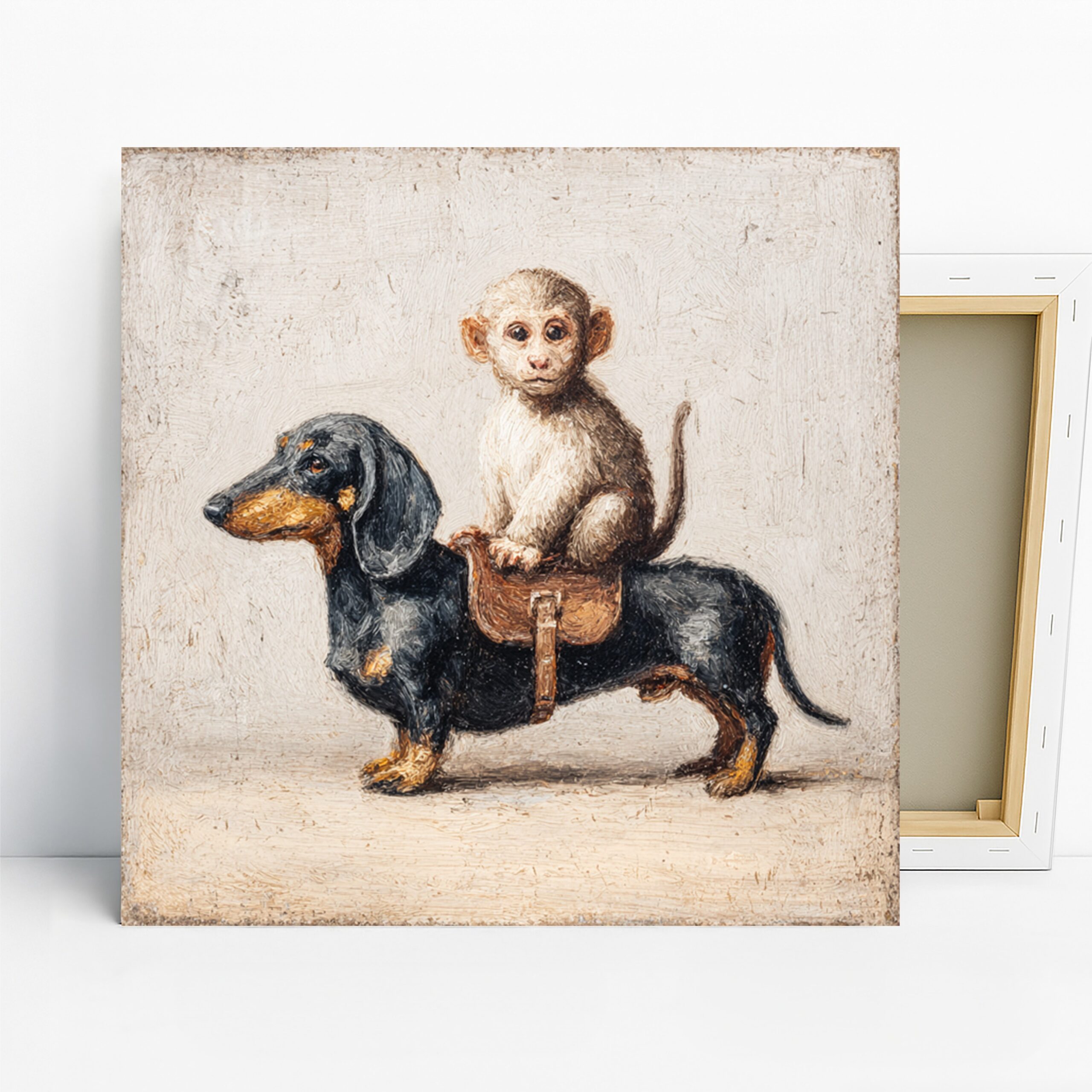 Monkey Riding Dachshund Art, Canvas or Poster, Whimsical Rustic Decor, Living Room Children’s Room Nursery Wall Art, Black Brown White Beige