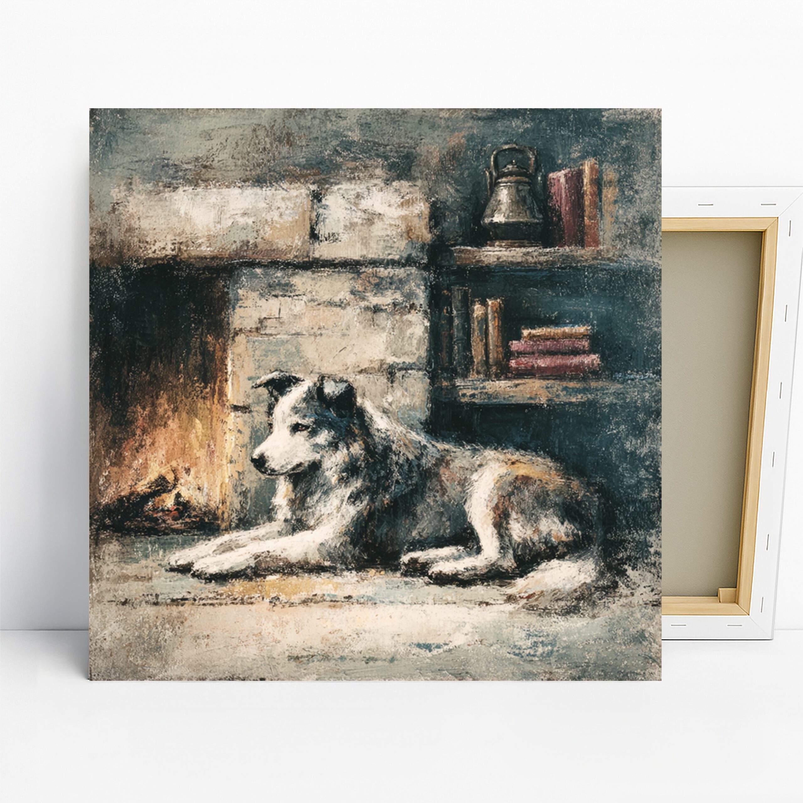 Dog Fireside Art, Canvas or Poster, Classic Vintage Rustic Decor, Living Room Office Library Bedroom Wall Art, Brown White Grey Beige