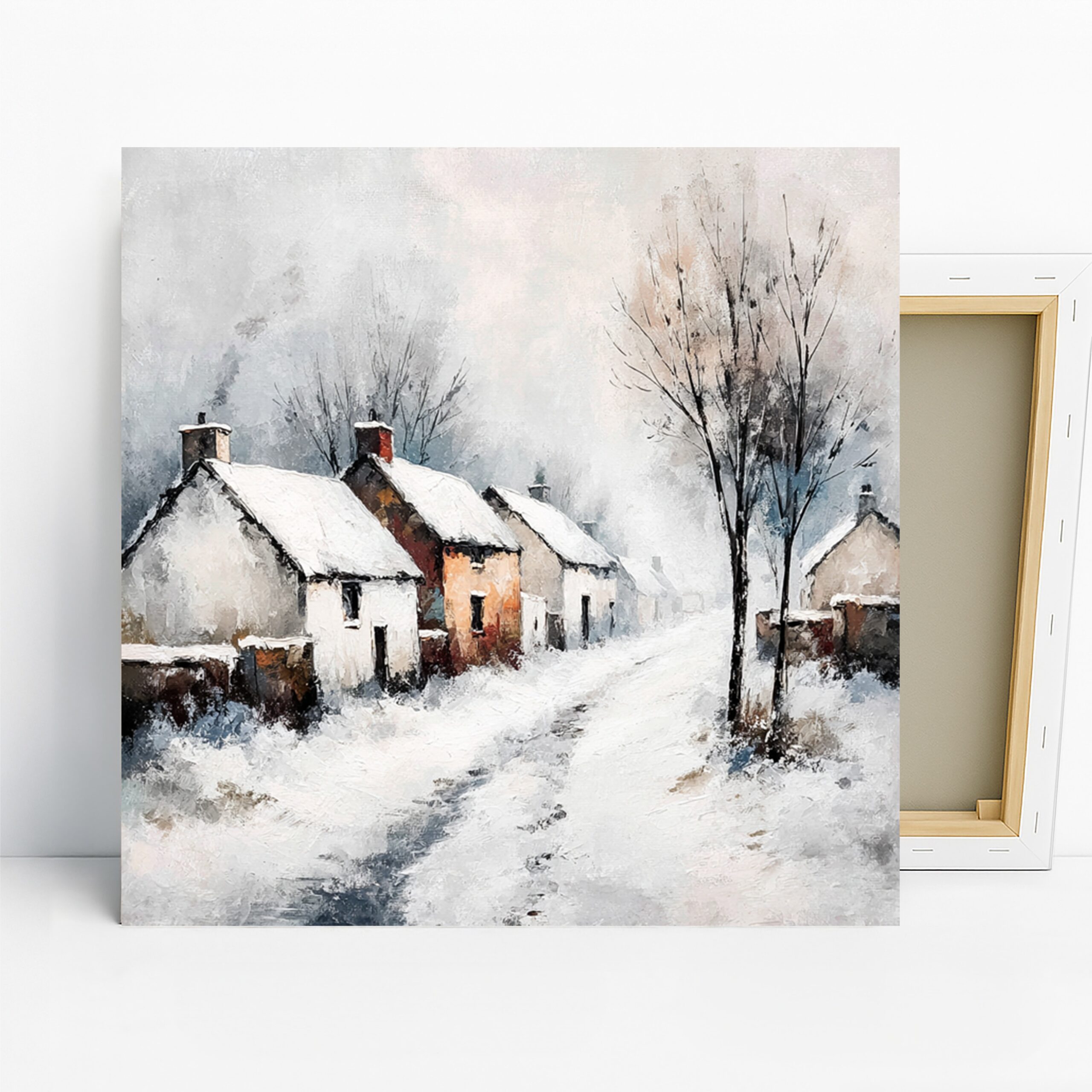 Snowy Village Art, Canvas or Poster, Impressionism Rustic Decor, Living Room Bedroom Dining Room Wall Art, White Grey Brown Blue