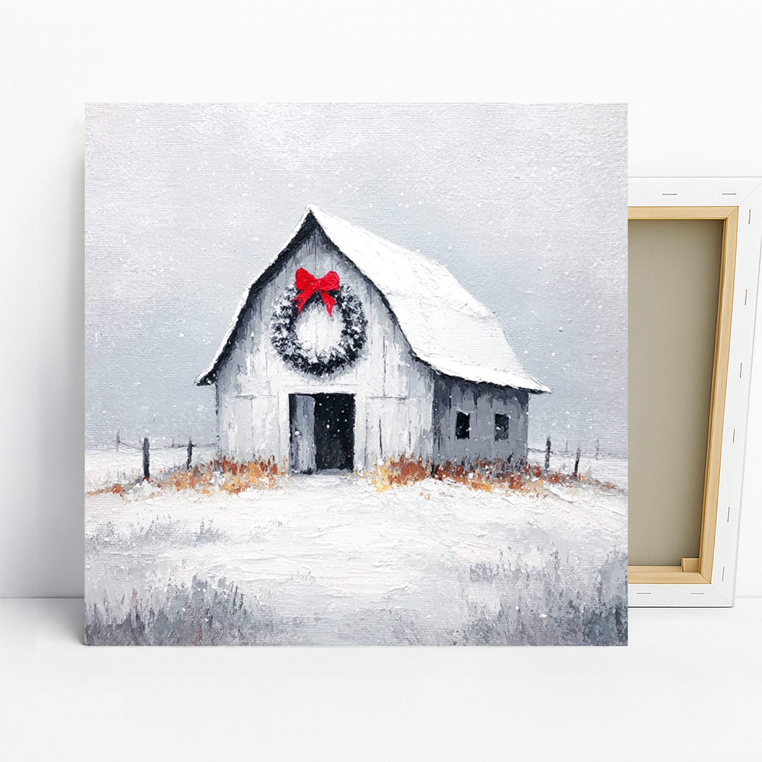 Snowy Barn Christmas Art, Canvas or Poster, Rustic Farmhouse Decor, Living Room Dining Room Bedroom Wall Art, White Red Gray Brown