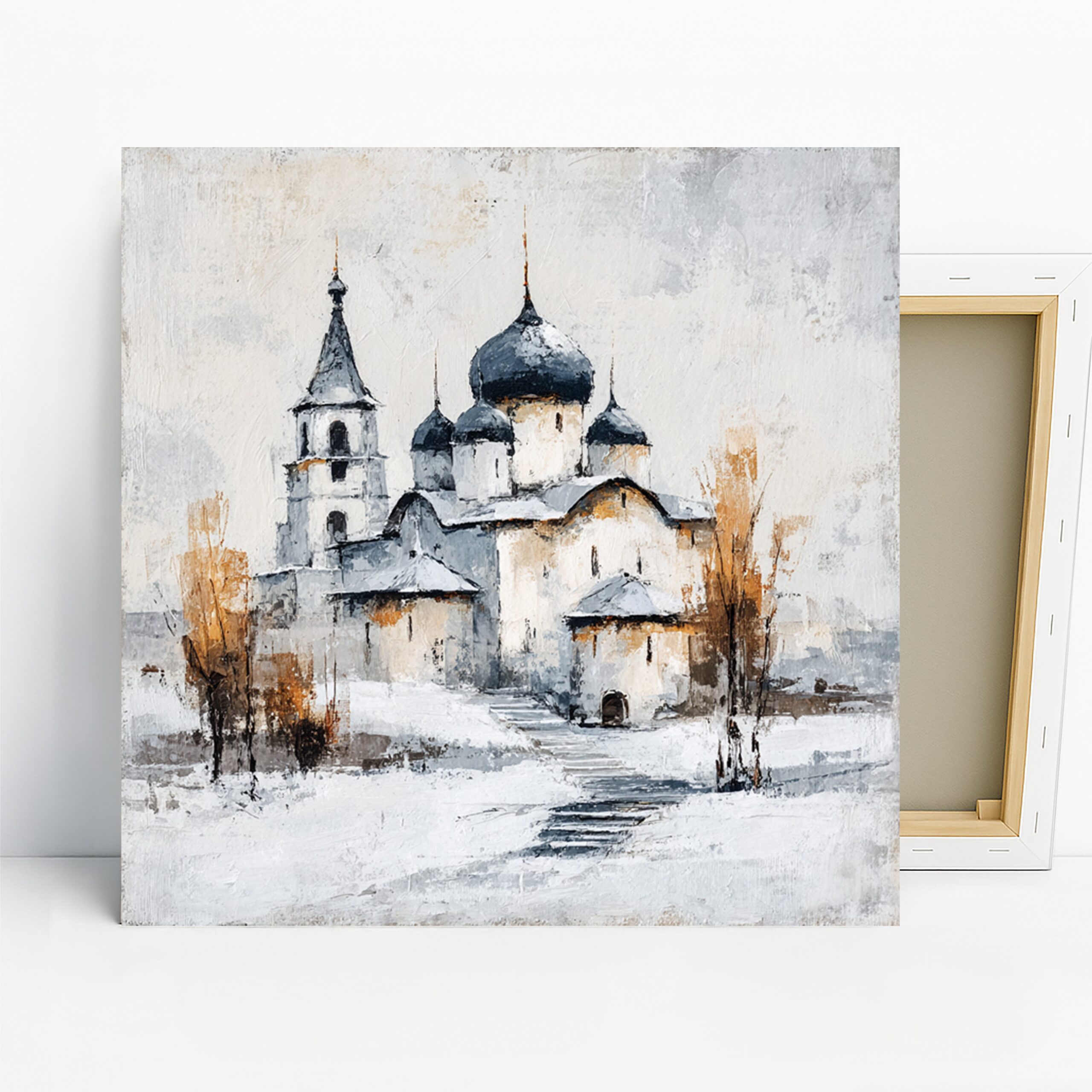 Winter Church Art, Canvas or Poster, Vintage Classic Decor, Living Room Dining Room Office Wall Art, White Grey Brown Gold