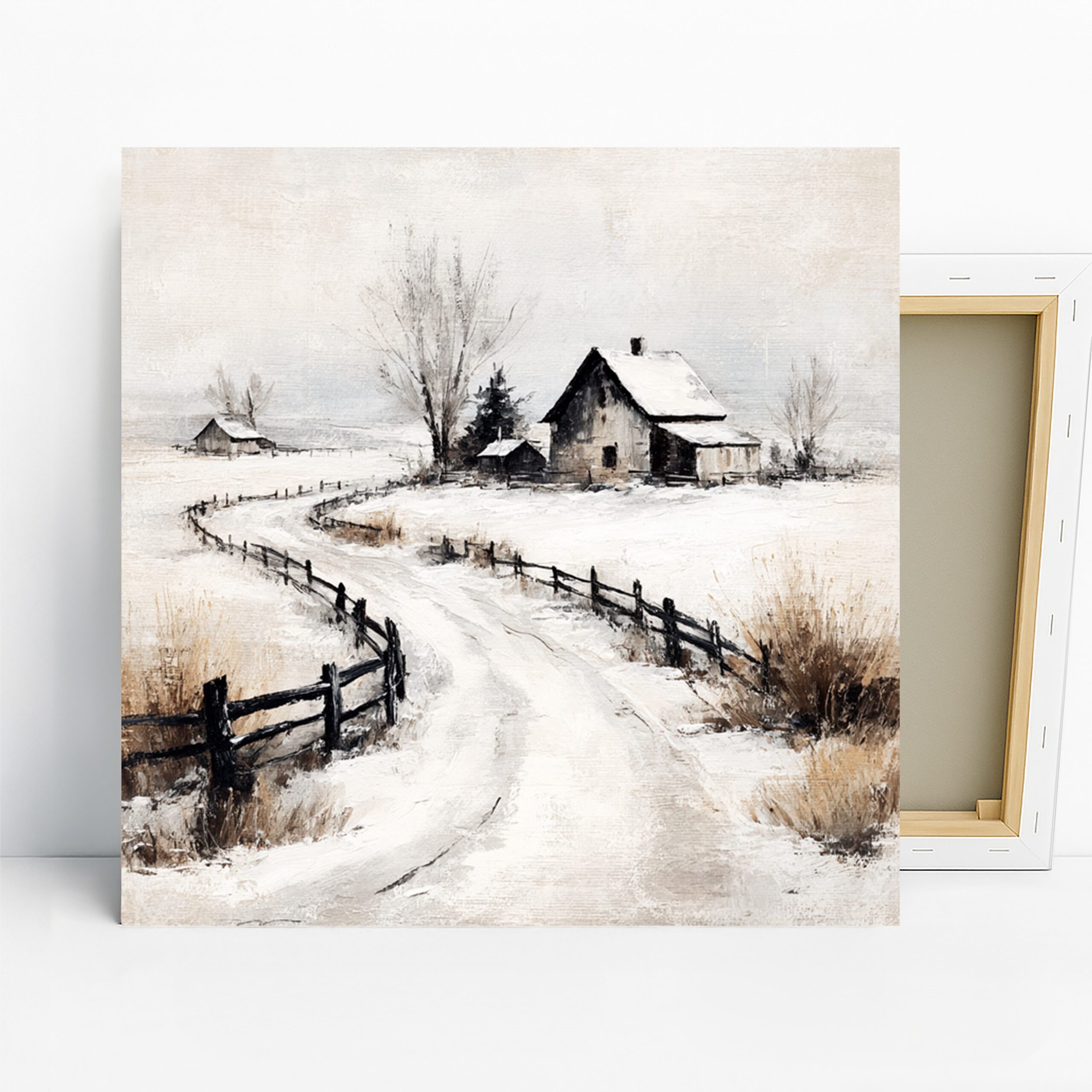 Winter Farm Art, Canvas or Poster, Vintage Nature Decor, Living Room Dining Room Bedroom Entryway Wall Art, White Black Brown Grey
