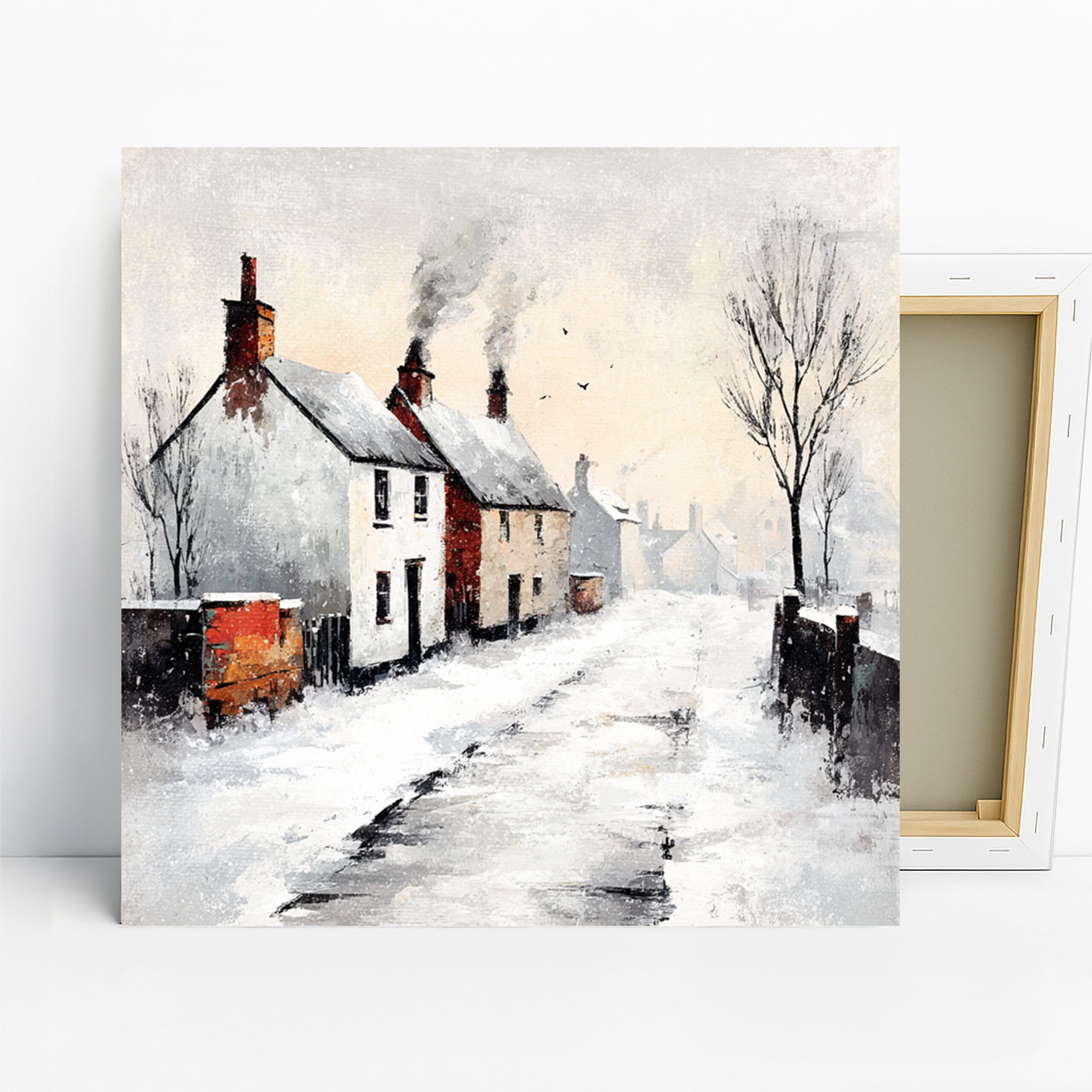 Snowy Village Art, Canvas or Poster, Impressionism Rustic Decor, Living Room Bedroom Dining Room Wall Art, White Grey Red Brown