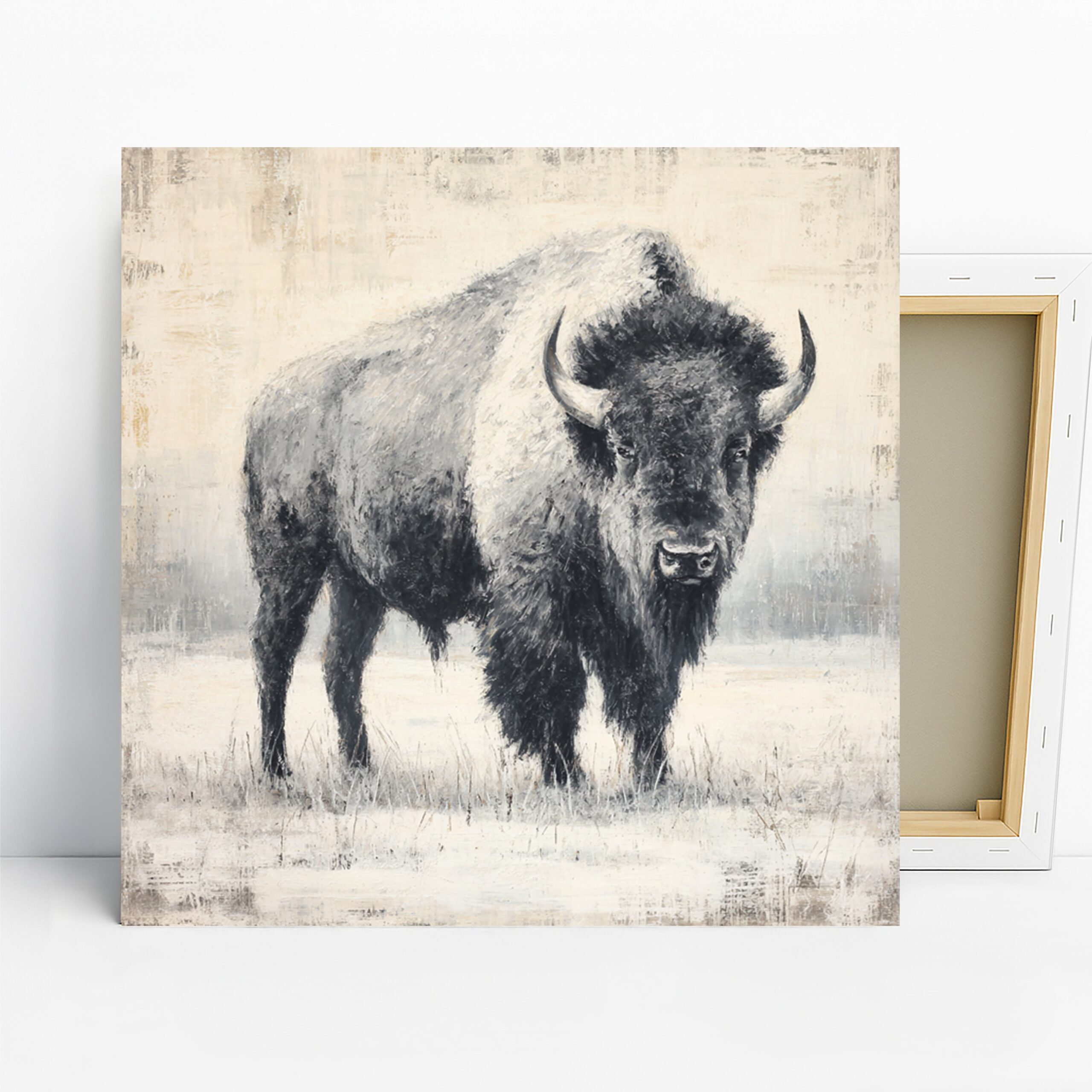 Bison Art, Canvas or Poster, Animal Contemporary Decor, Living Room Office Bedroom Wall Art, Black White Grey Beige Monochrome Print