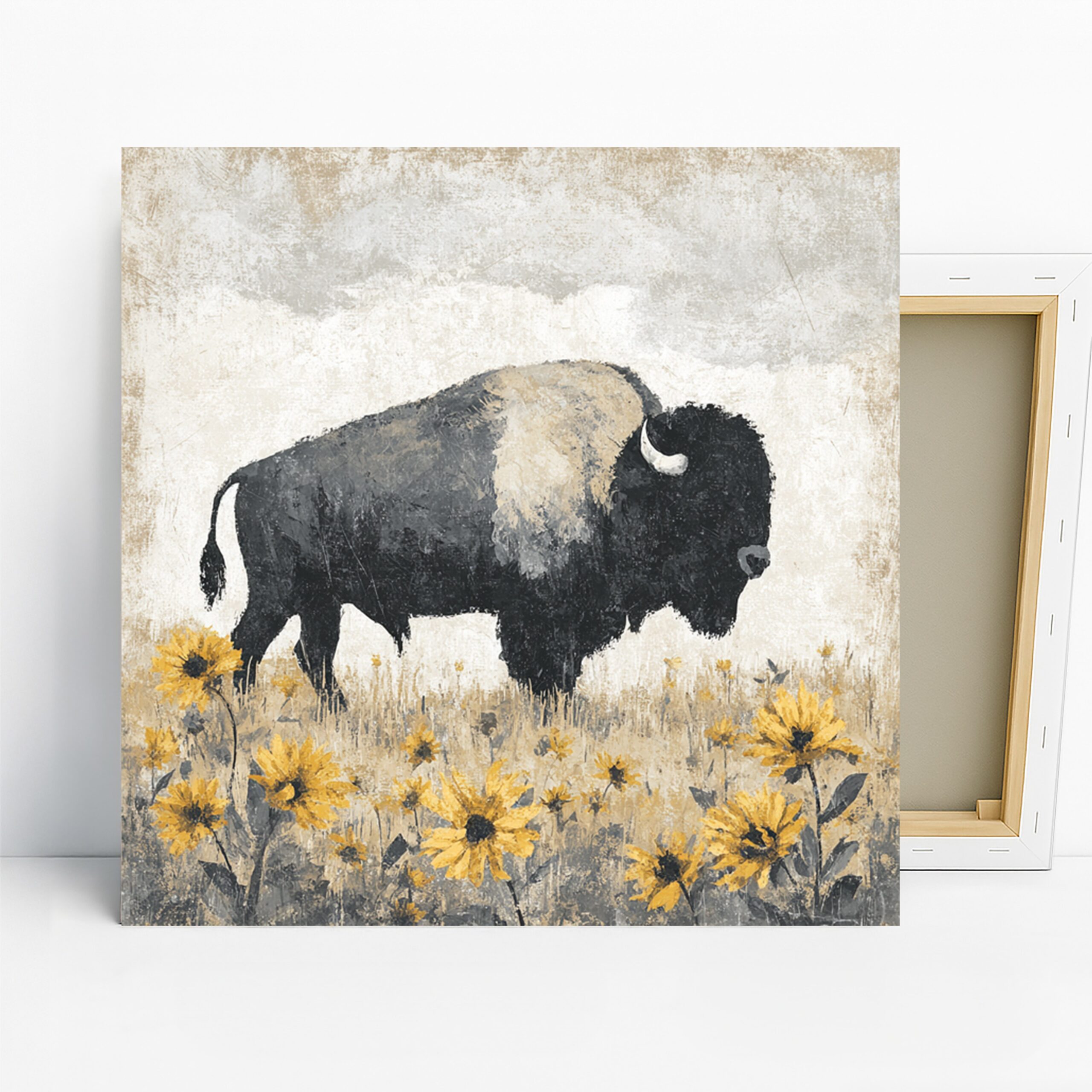 Bison Art, Canvas or Poster, Nature Contemporary Decor, Living Room Office Bedroom Wall Art, Black Yellow Brown, Rustic Farmhouse Style