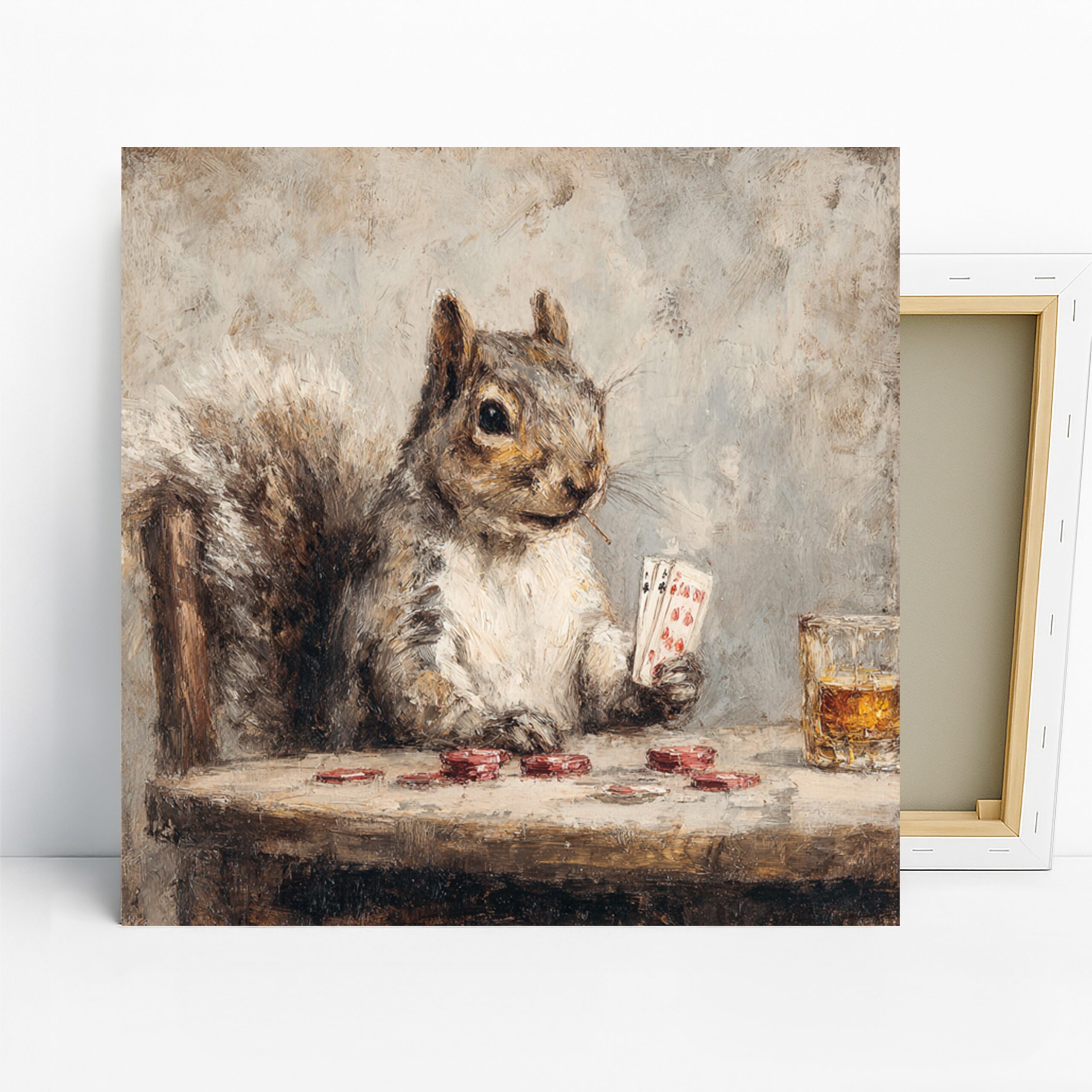 Squirrel Art, Canvas or Poster, Whimsical Vintage Decor, Game Room Office Living Room Wall Art, Brown White Red Yellow, Funny Animal Art