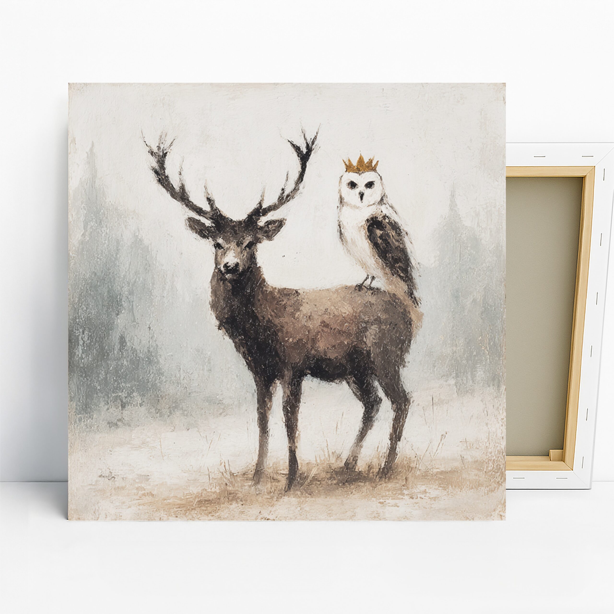 Crowned Owl and Deer Art, Canvas or Poster, Nature Rustic Decor, Living Room Bedroom Office Wall Art, Brown White Grey Gold